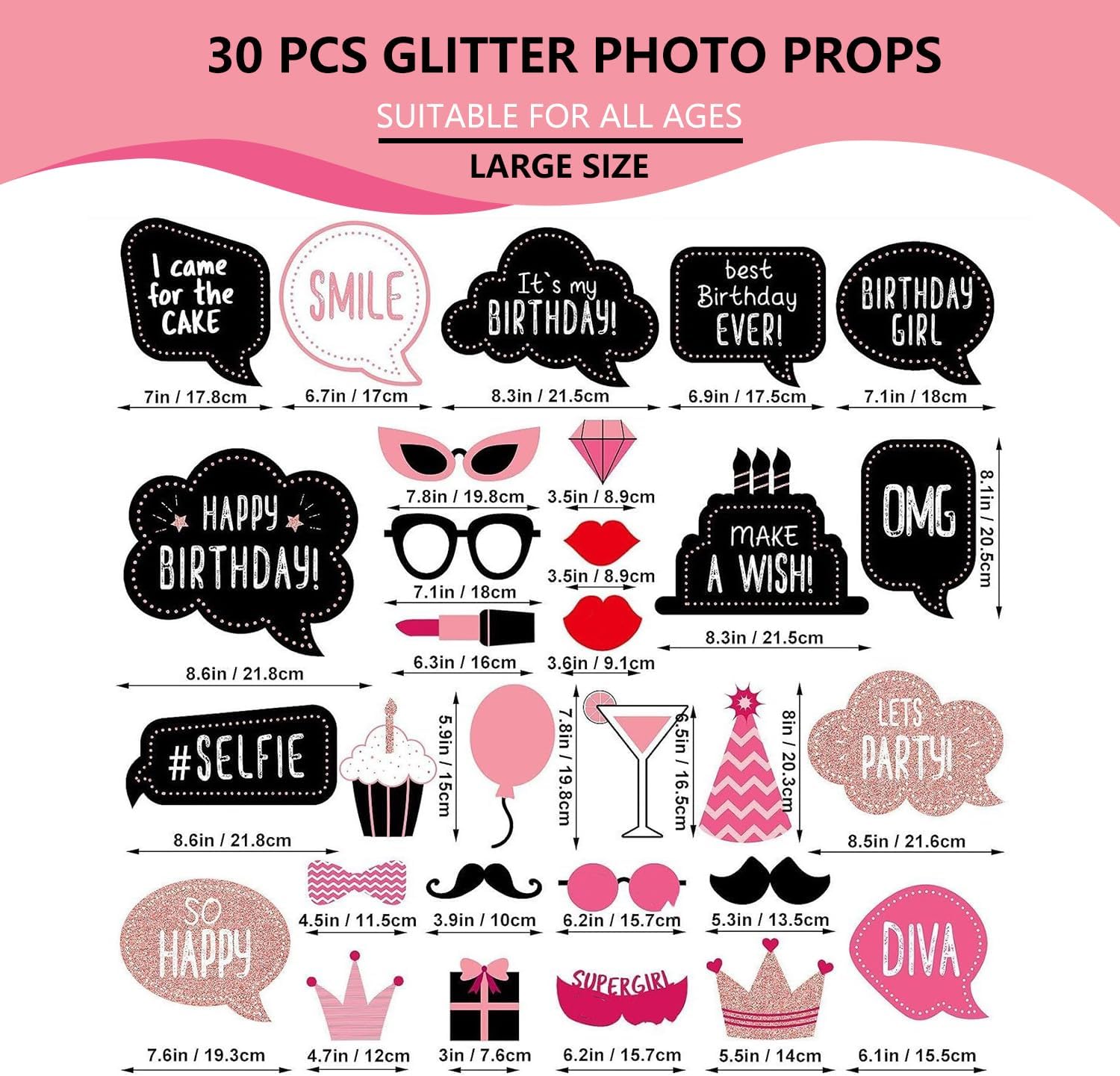 30 Piece Party Photo Booth Prop Set Rose Gold
