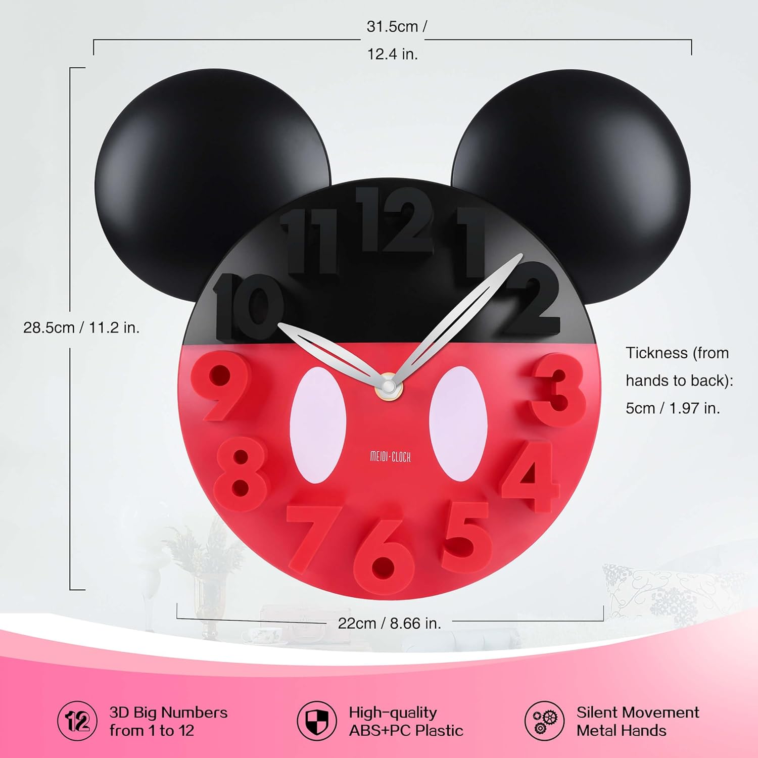 MEIDI CLOCK Wall Clock with 3D Numbers for Mickey Mouse Lovers