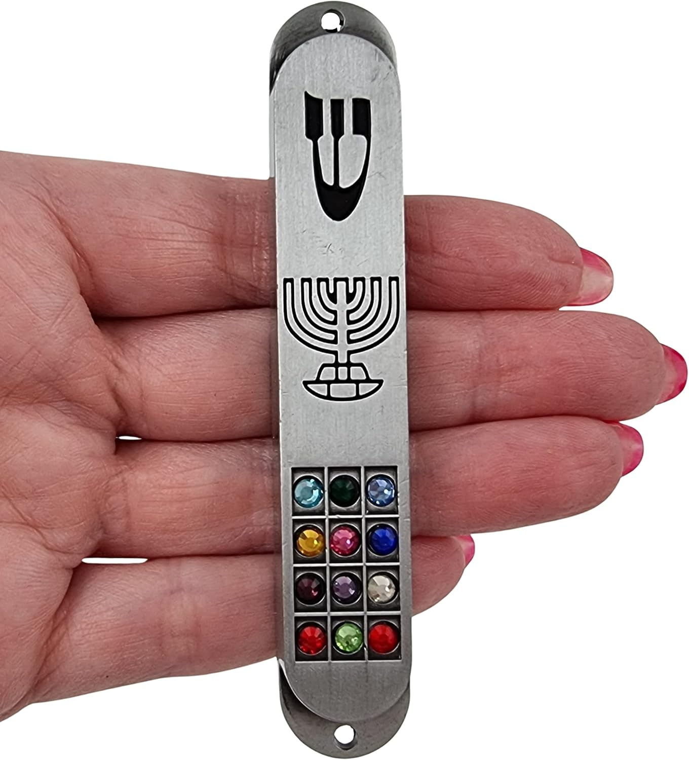 Pewter Mezuzah with Scroll and Hoshen Design