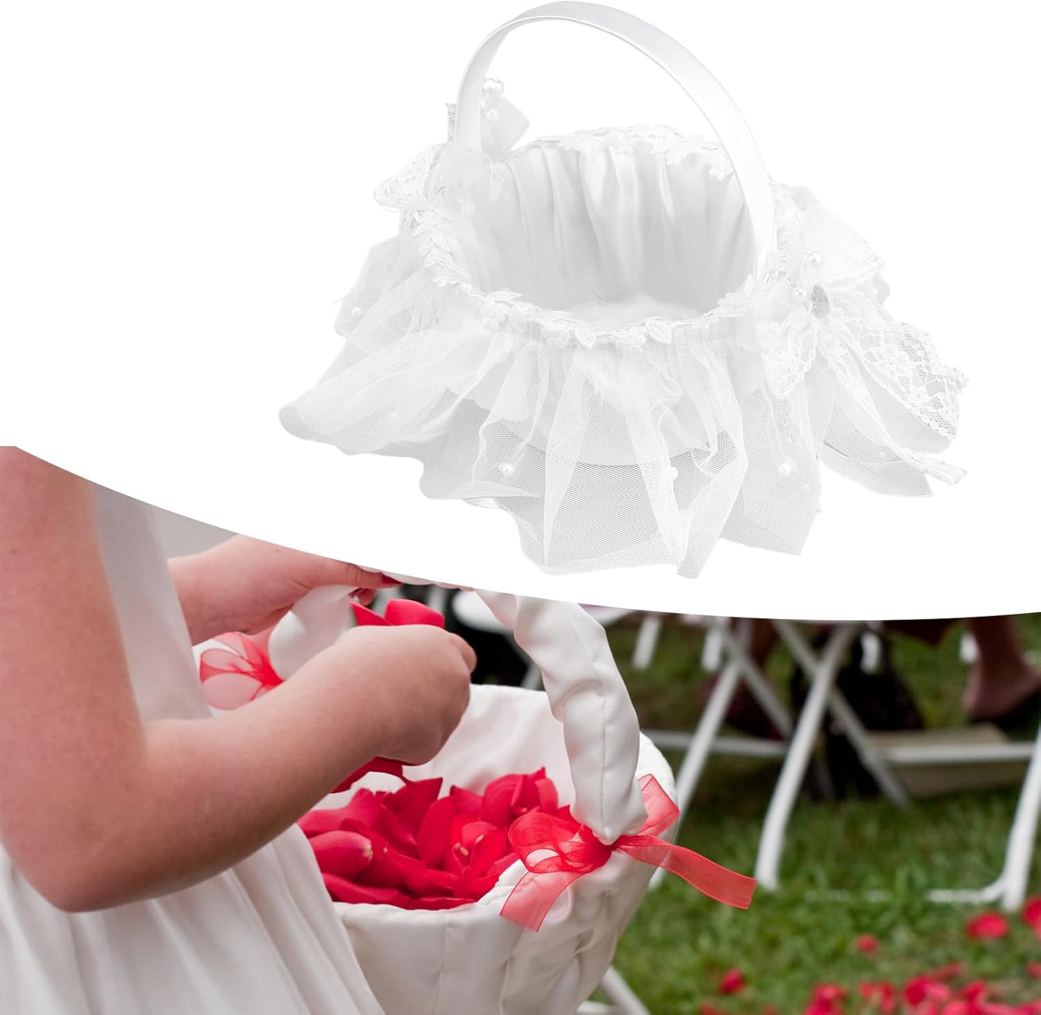 Wedding Flower Girl Basket with White Lace and Rhinestone
