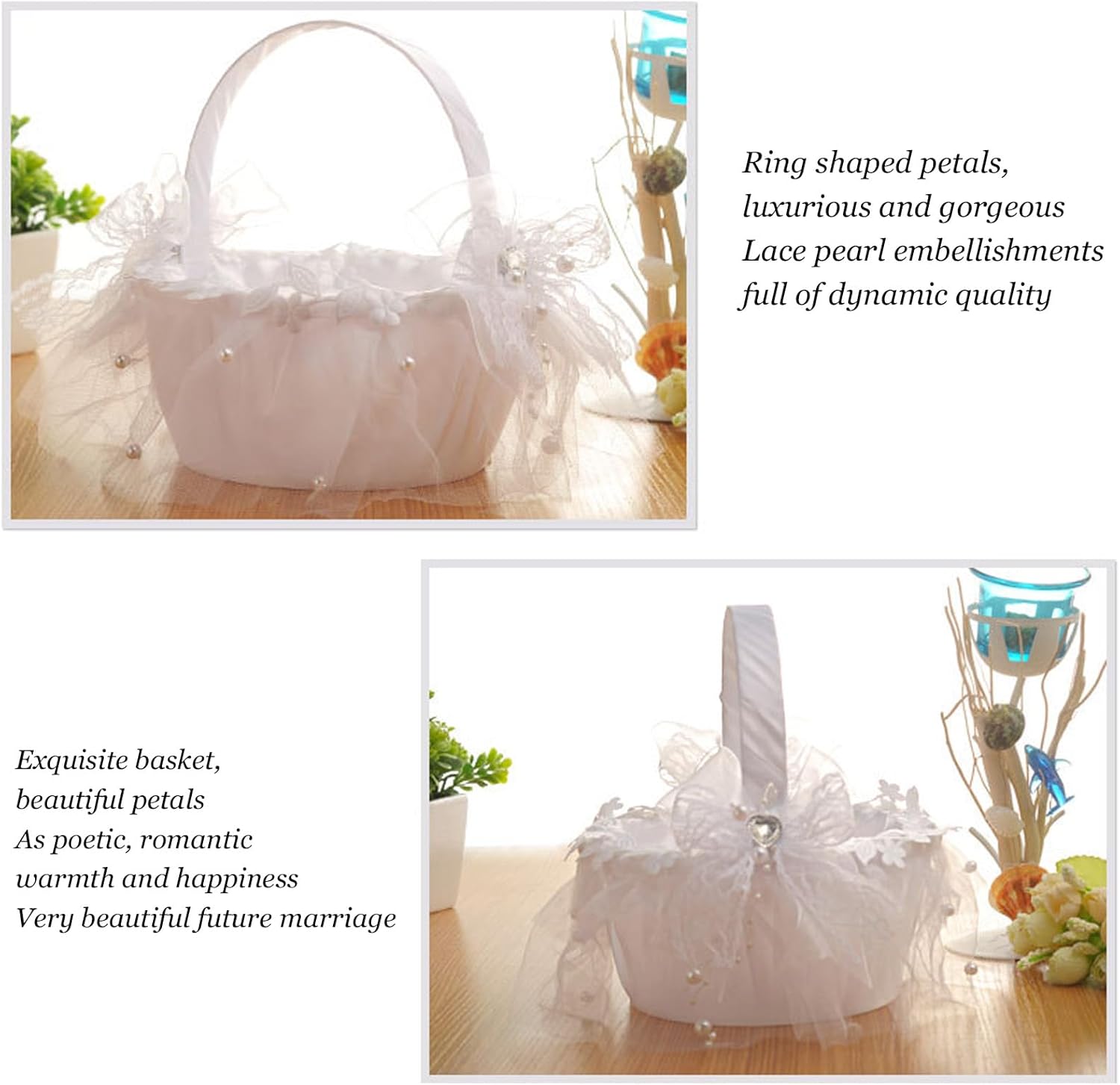 Wedding Flower Girl Basket with White Lace and Rhinestone