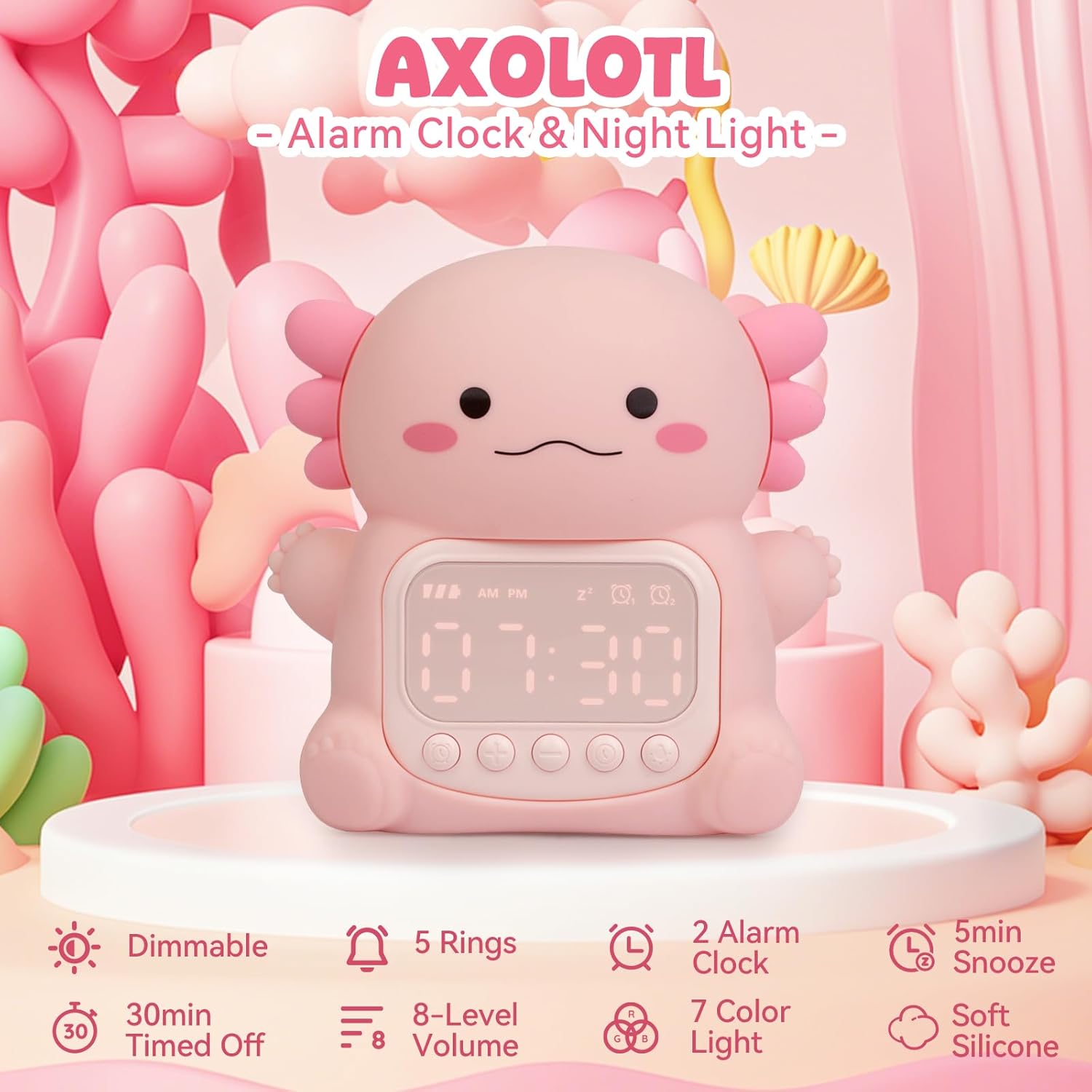 Axolotl Alarm Clock with Night Light for Kids