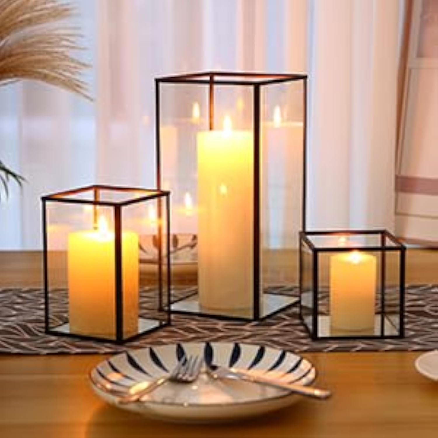 PHOSPHOR Glass Hurricane Candle Holder Set of 3 Black