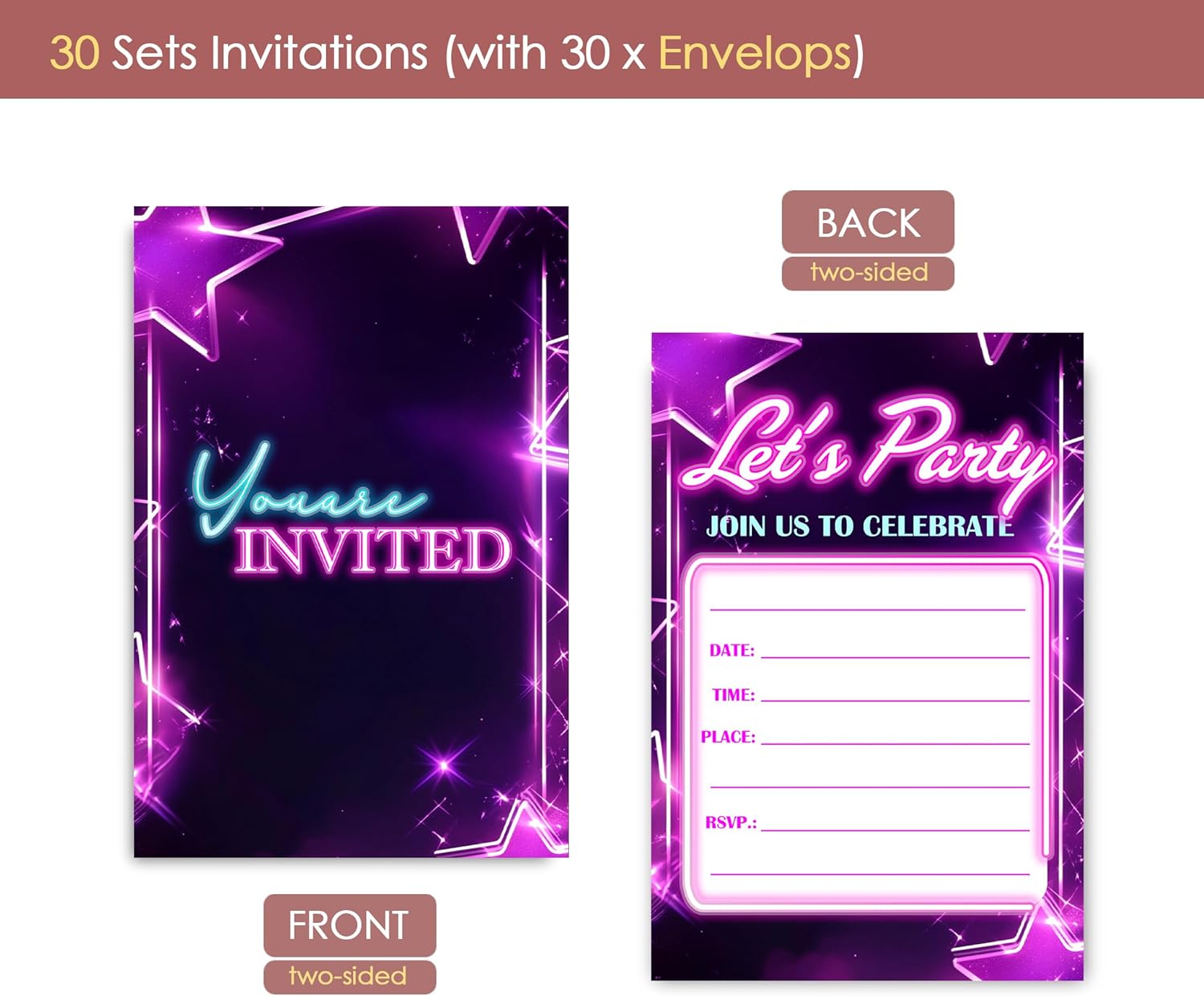 Neon Birthday Invitations 30 Sets with Envelopes