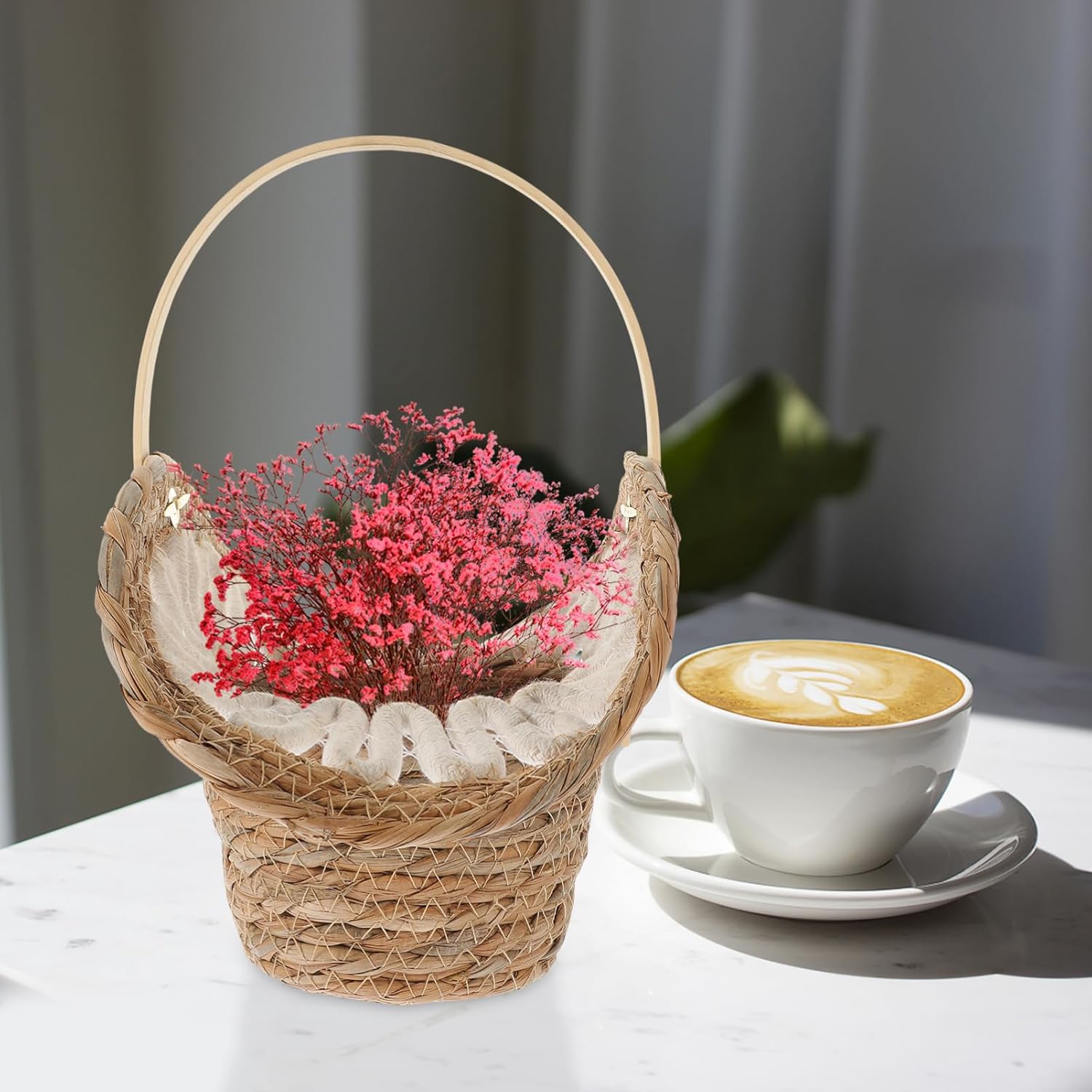Flower Girl Basket Hand Woven Straw for Home Decor