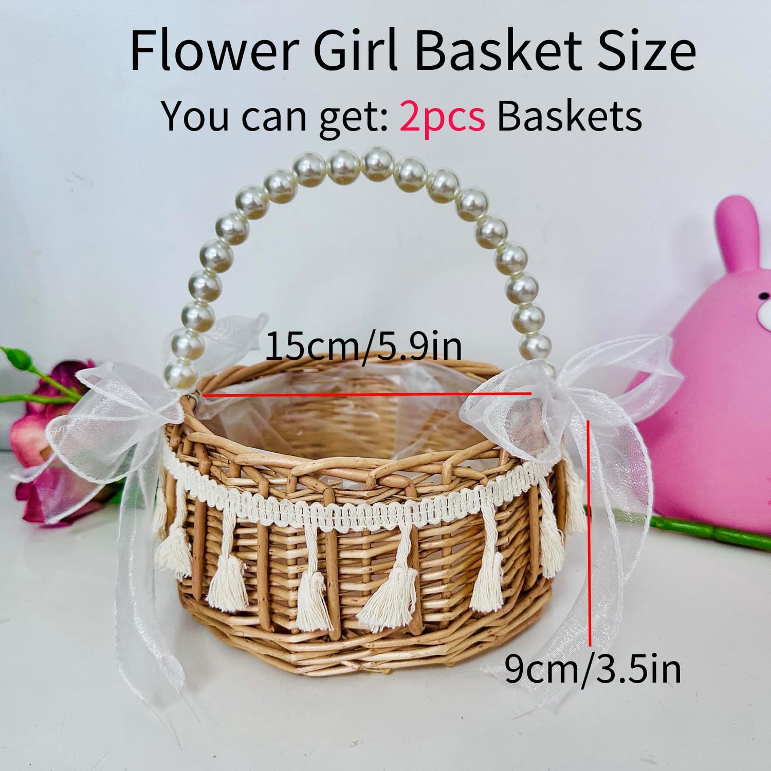 2PCS Wicker Rattan Flower Girl Baskets with Pearl Handle Tassels