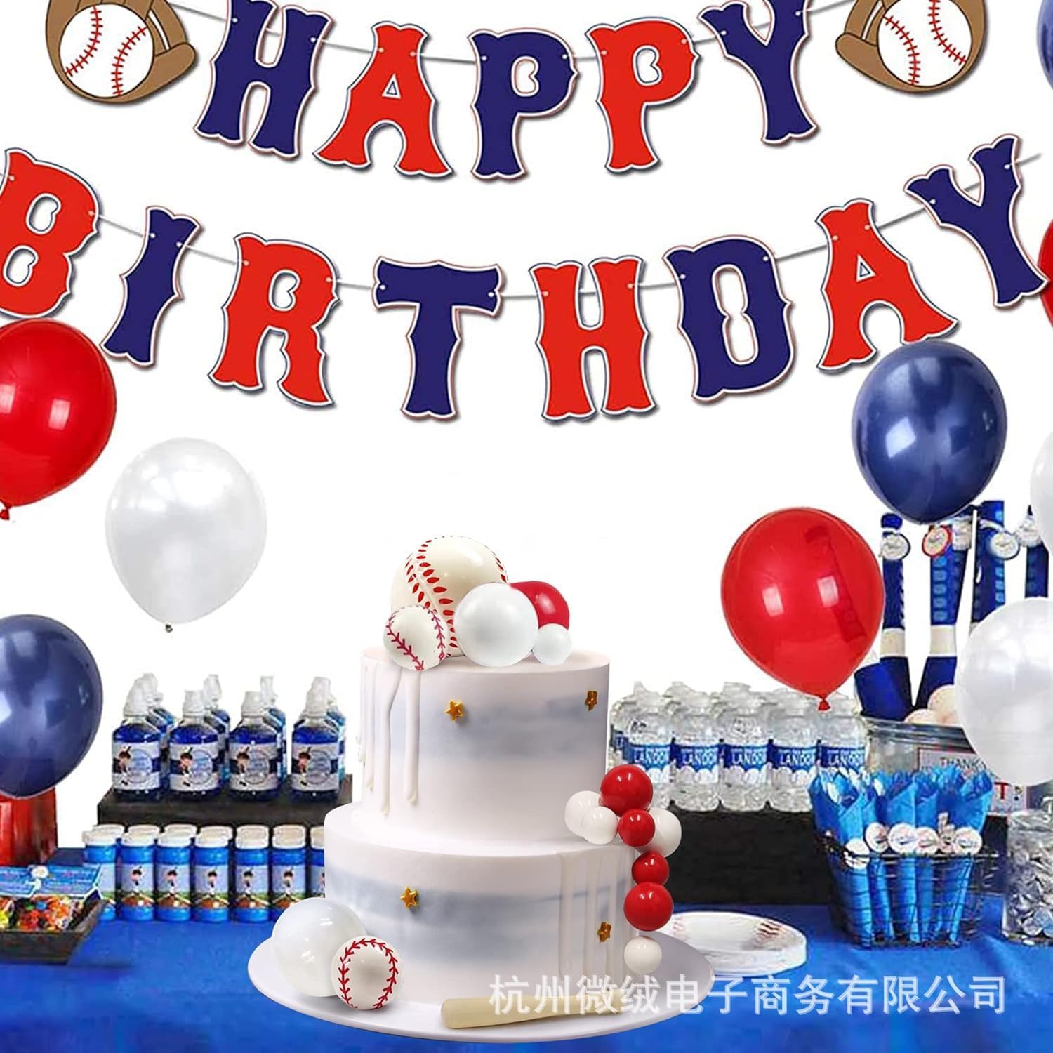 16 Piece Baseball Cake Toppers Set Red White Theme