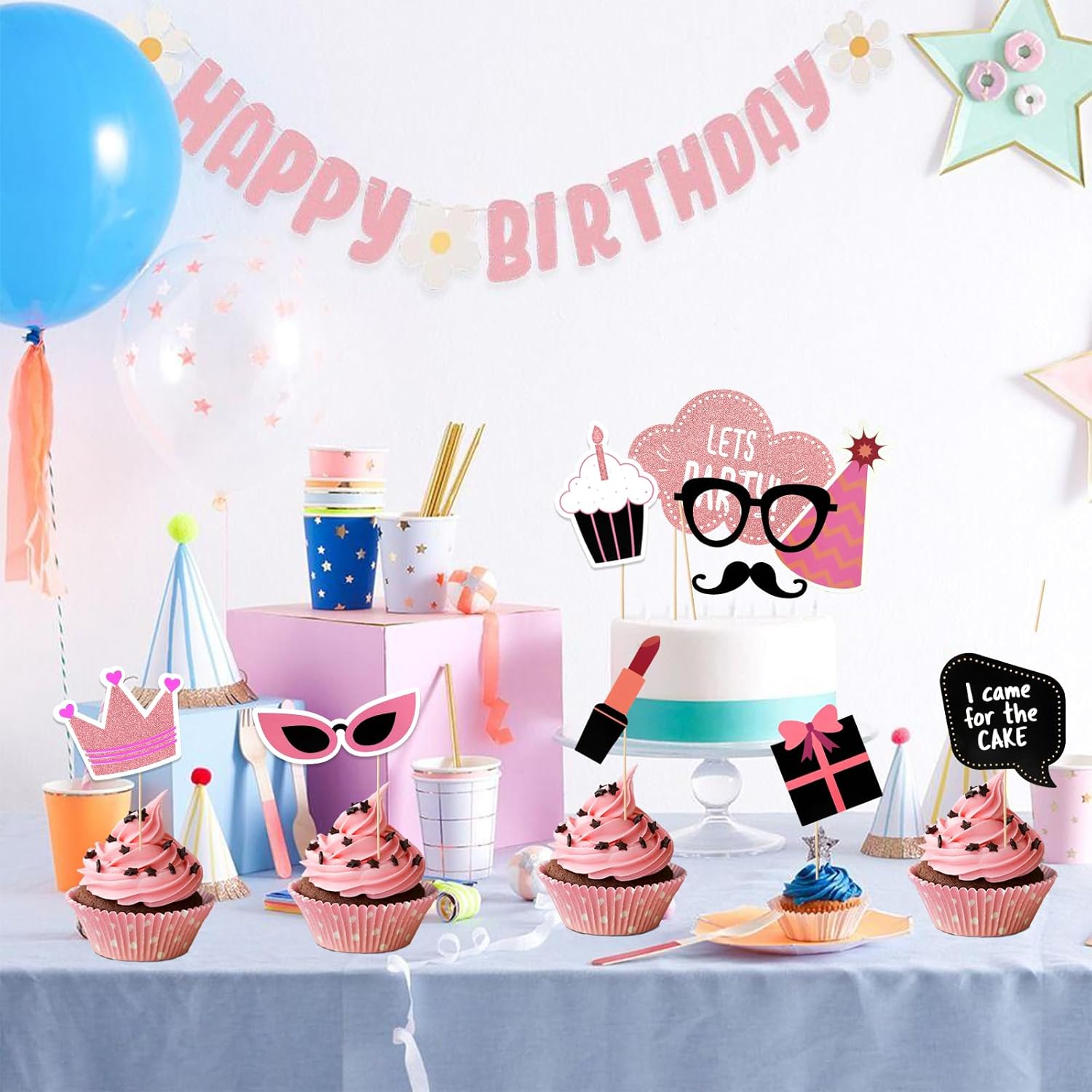 Pink Girls Birthday Photo Booth Props 30 Pcs Set
