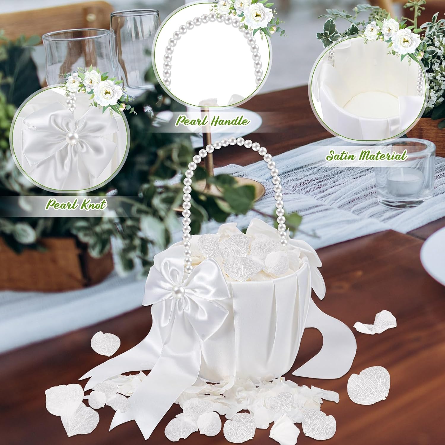 Ivory Flower Girl Basket with Pearl Handle Set
