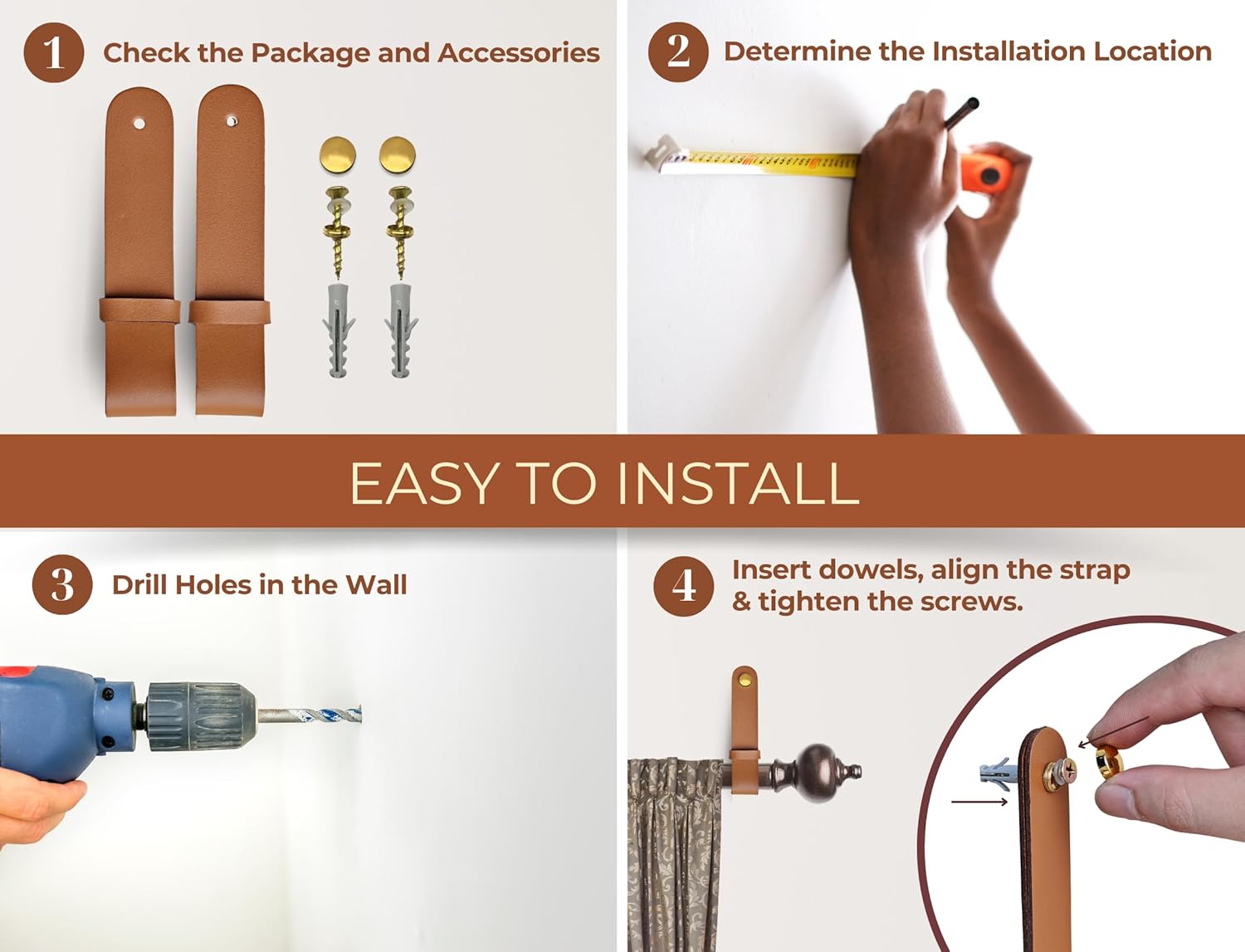 Premium Leather Curtain Rod Holders 2 Pack Light Brown