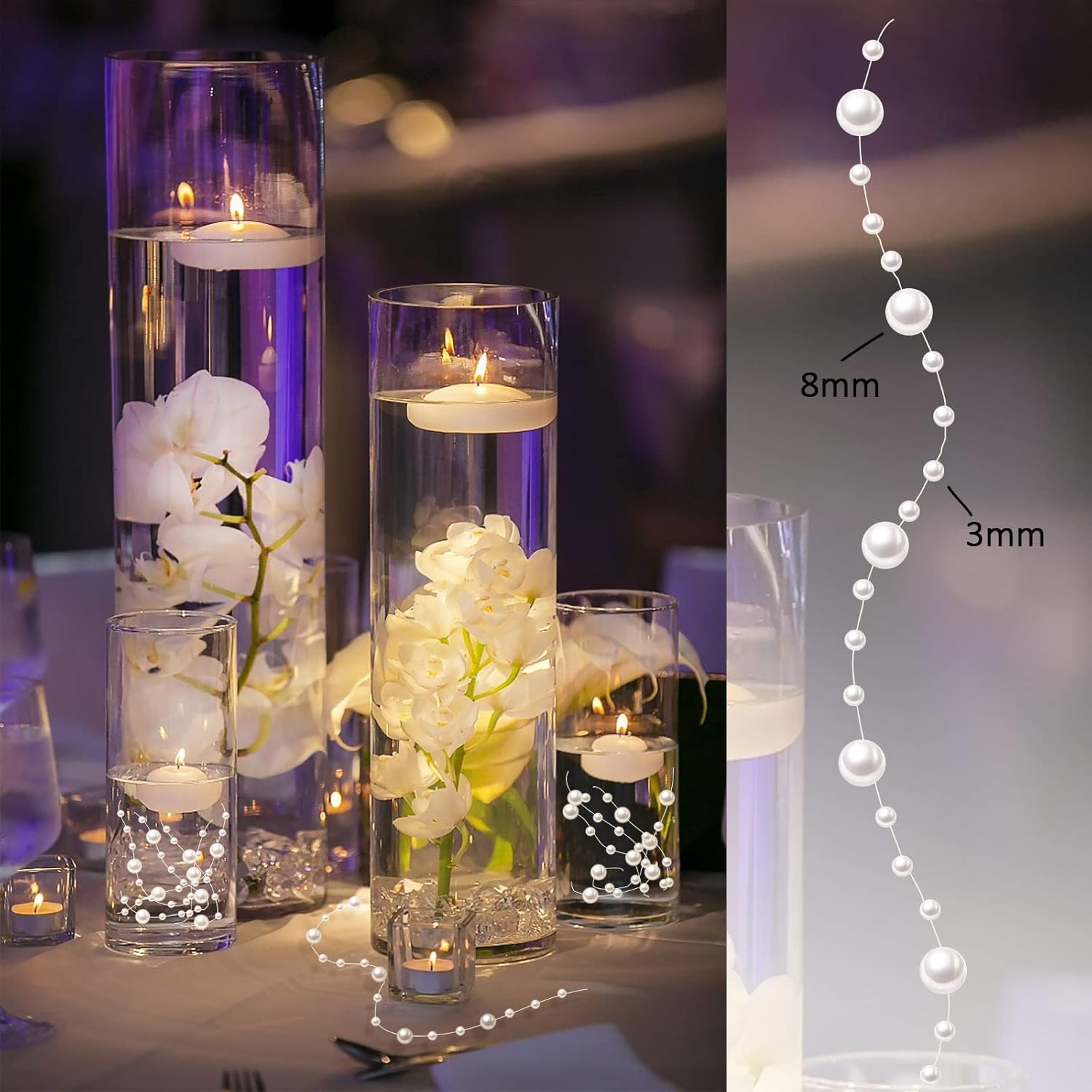 White Vase Filler for Floating Candles 94ft Faux Pearl Beads Strings