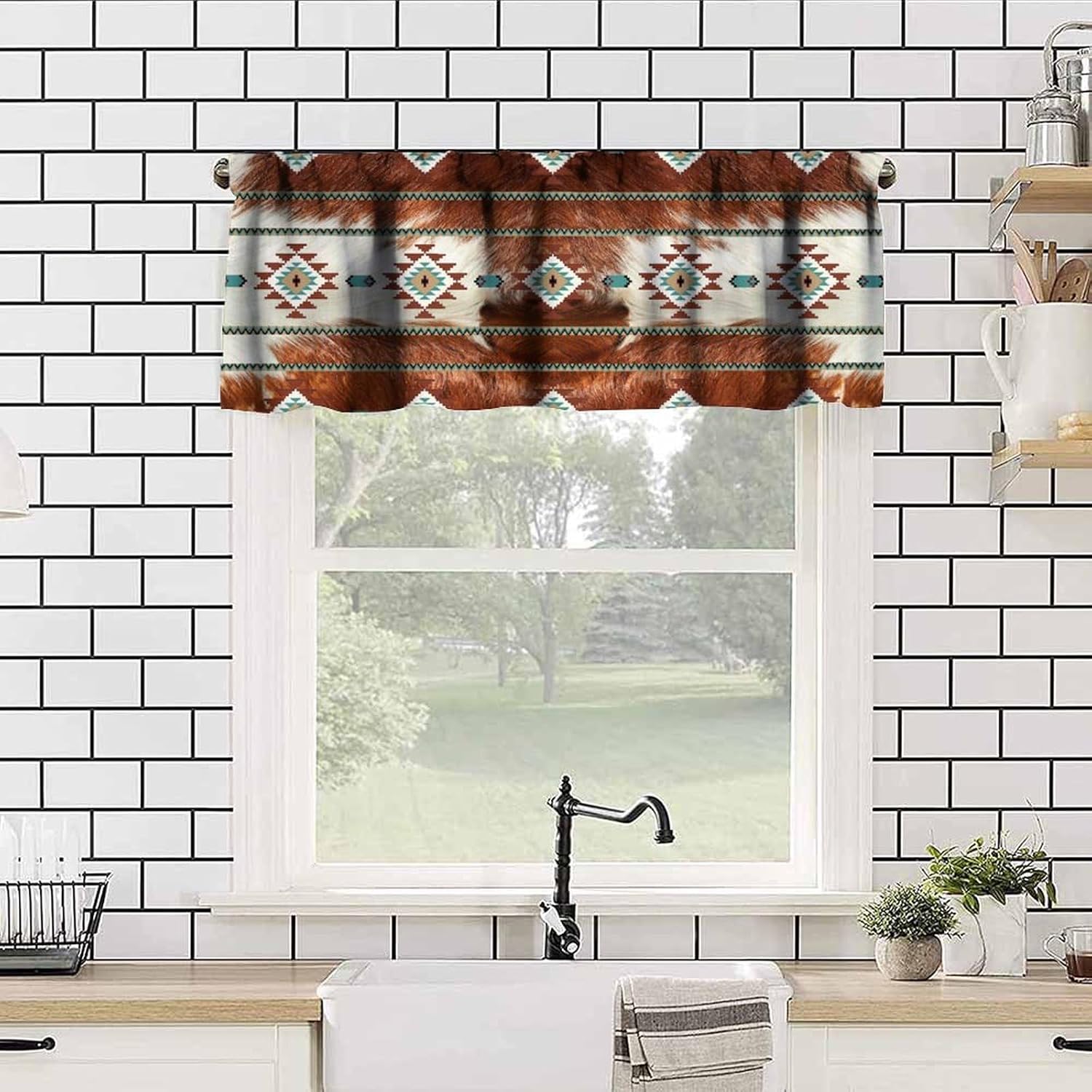 Cowhide Style Valance with Aztec Pattern