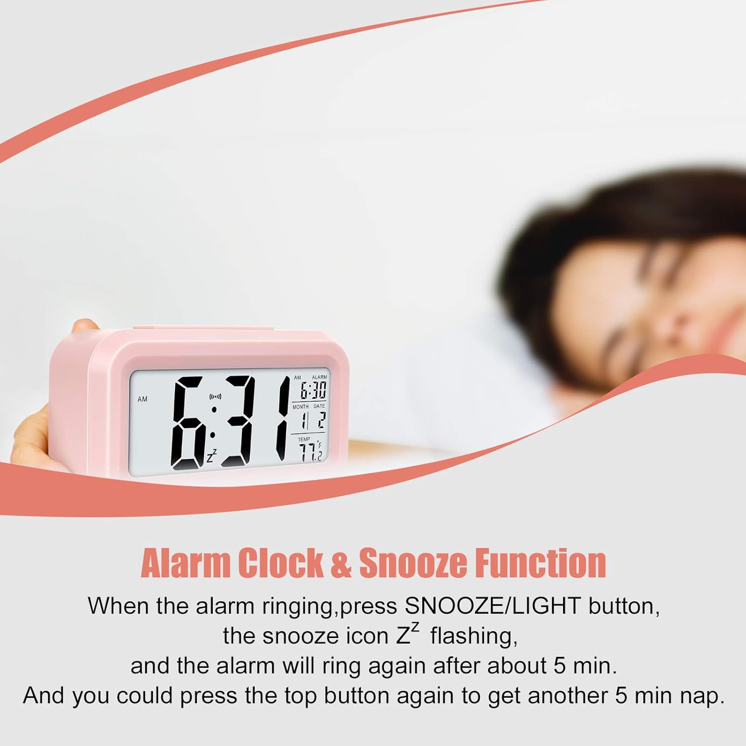 Miowachi Pink Digital Alarm Clock with Night Light and Snooze