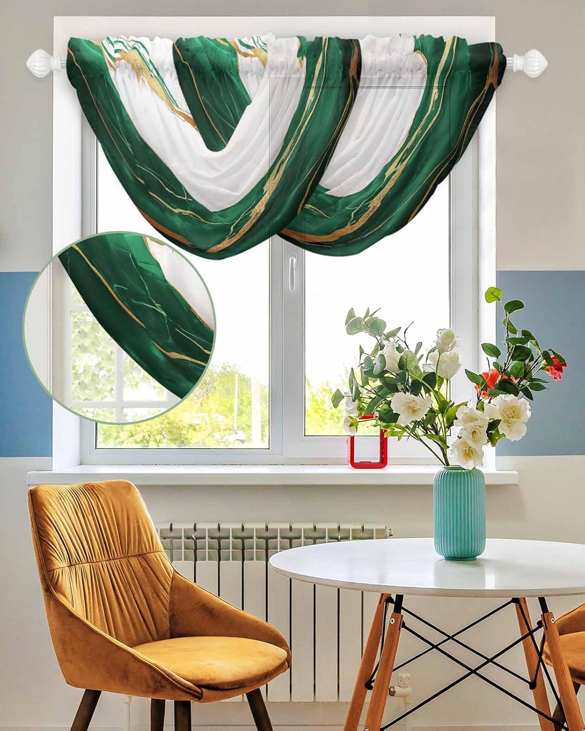 Waterfall Valance Curtains 2 Panels Gold Green Marble Sheer