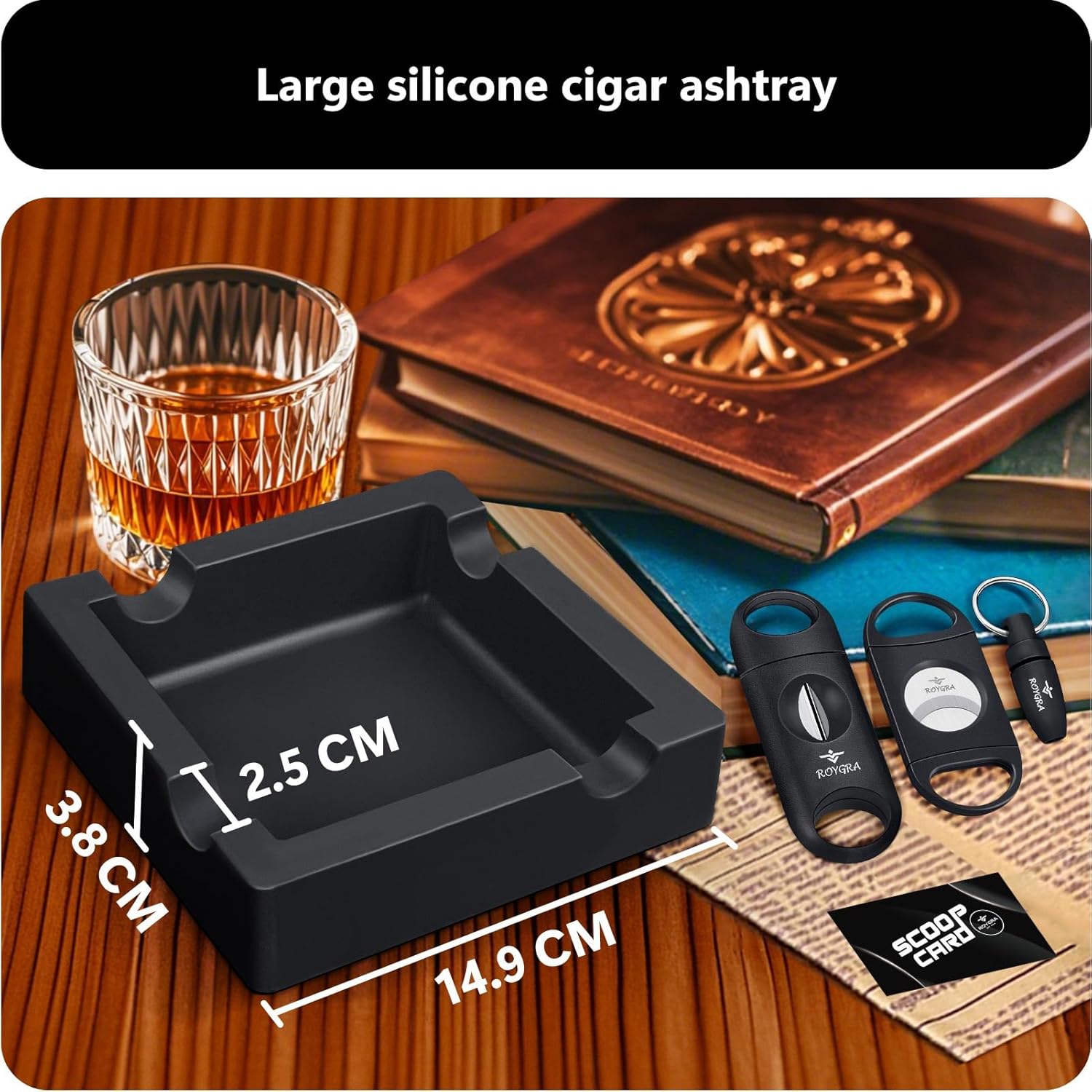 Roygra Cigar Ashtray with 3 Cutters Outdoor Use Black
