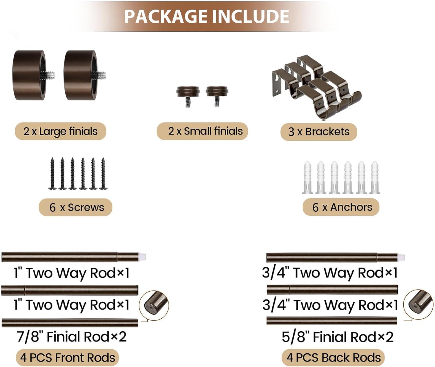 KAMANINA 1 Inch Double Curtain Rods 66-120 Inches Heavy Duty Bronze
