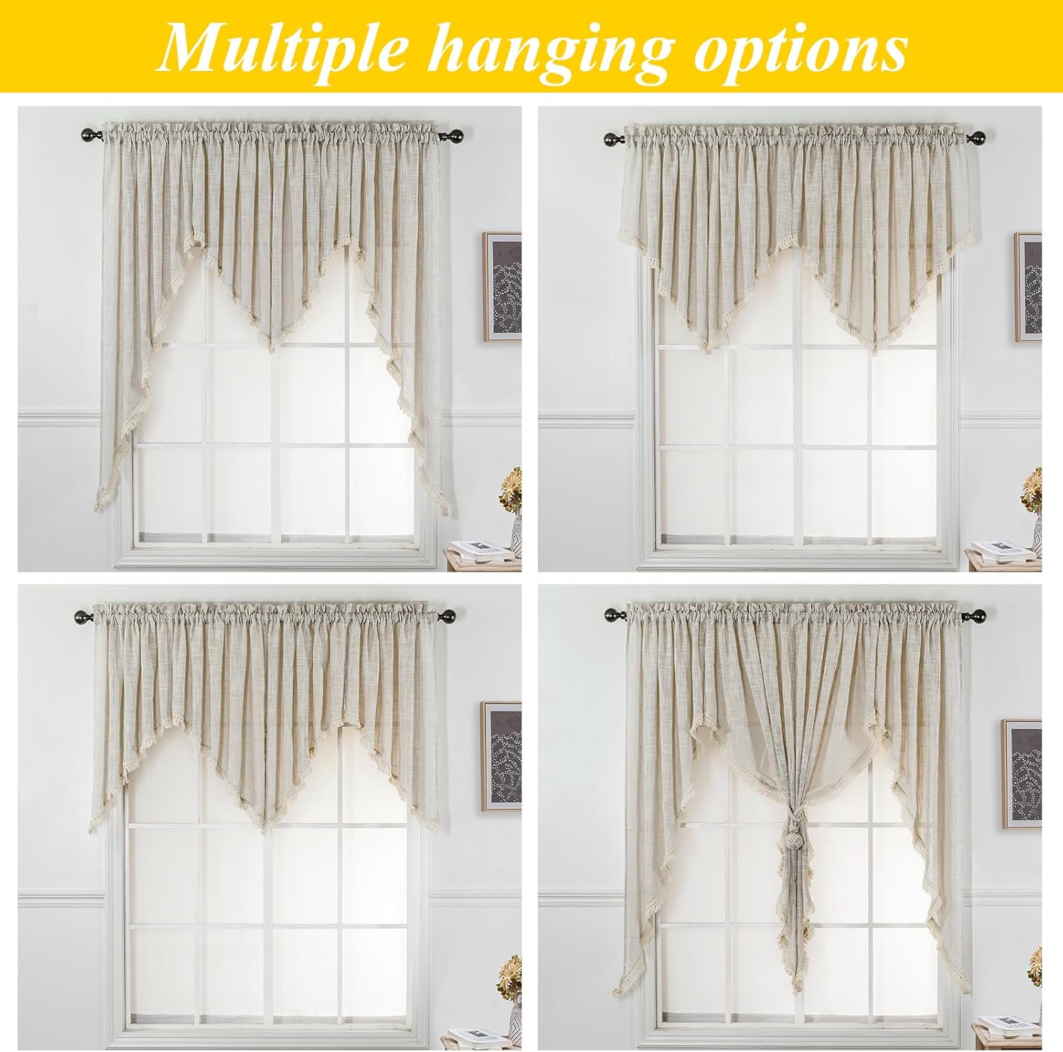 Beda Home Tassel Linen Textured Swag Valance - Farmhouse Style 36x63 Inch 1 Pair