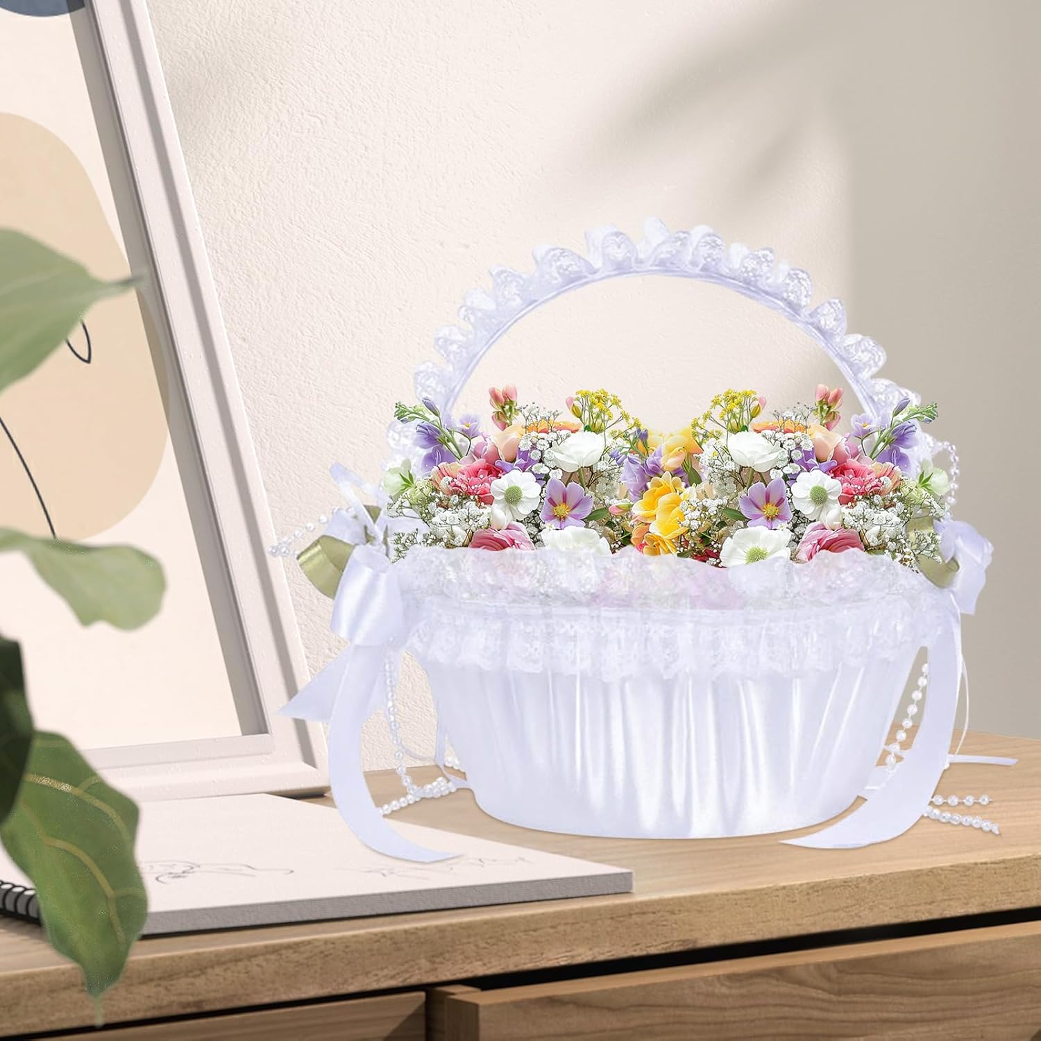 Modern Luxury Ivory Lace and Polyester Flower Girl Basket with Handle