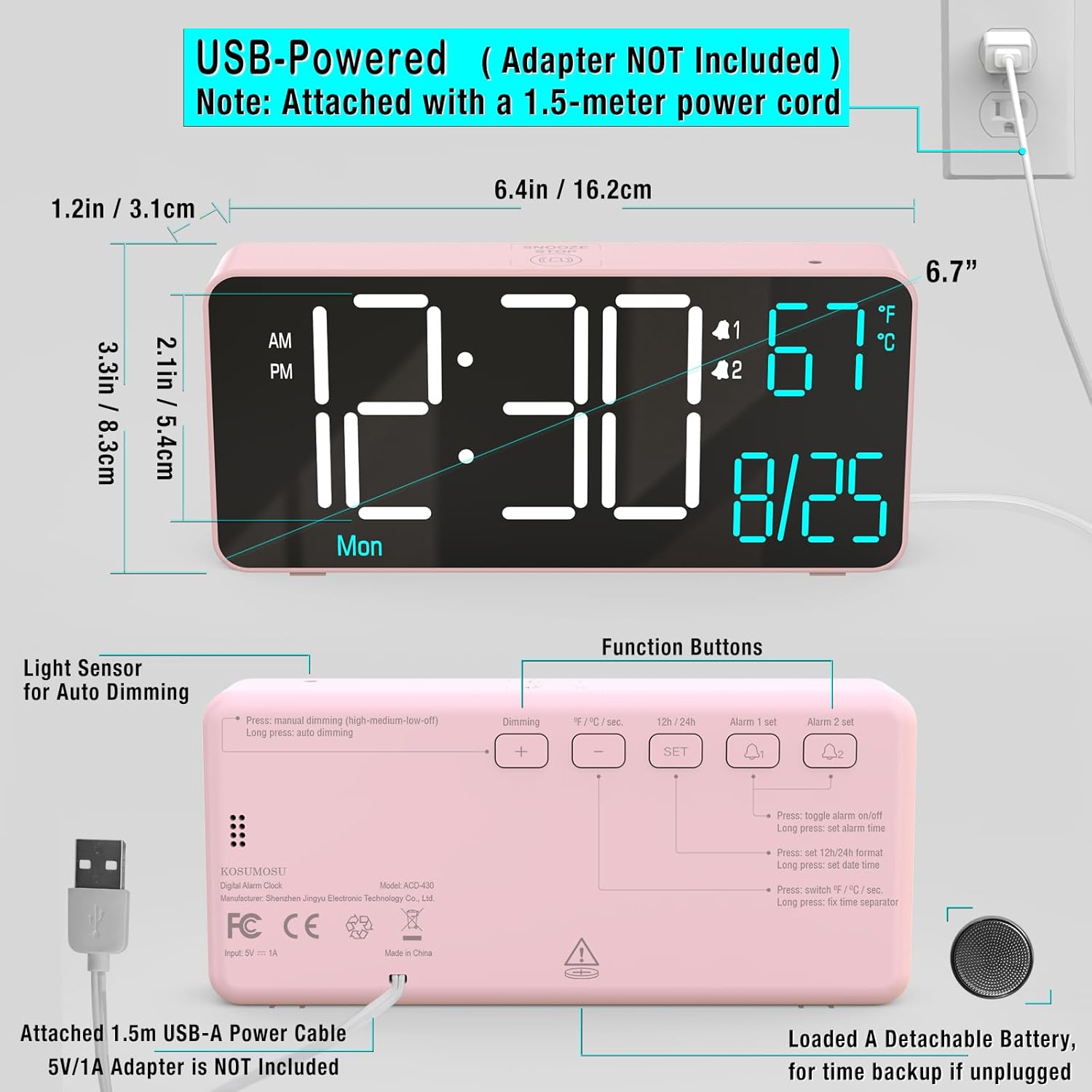 Kosumosu Pink Digital Alarm Clock with Dual Alarms