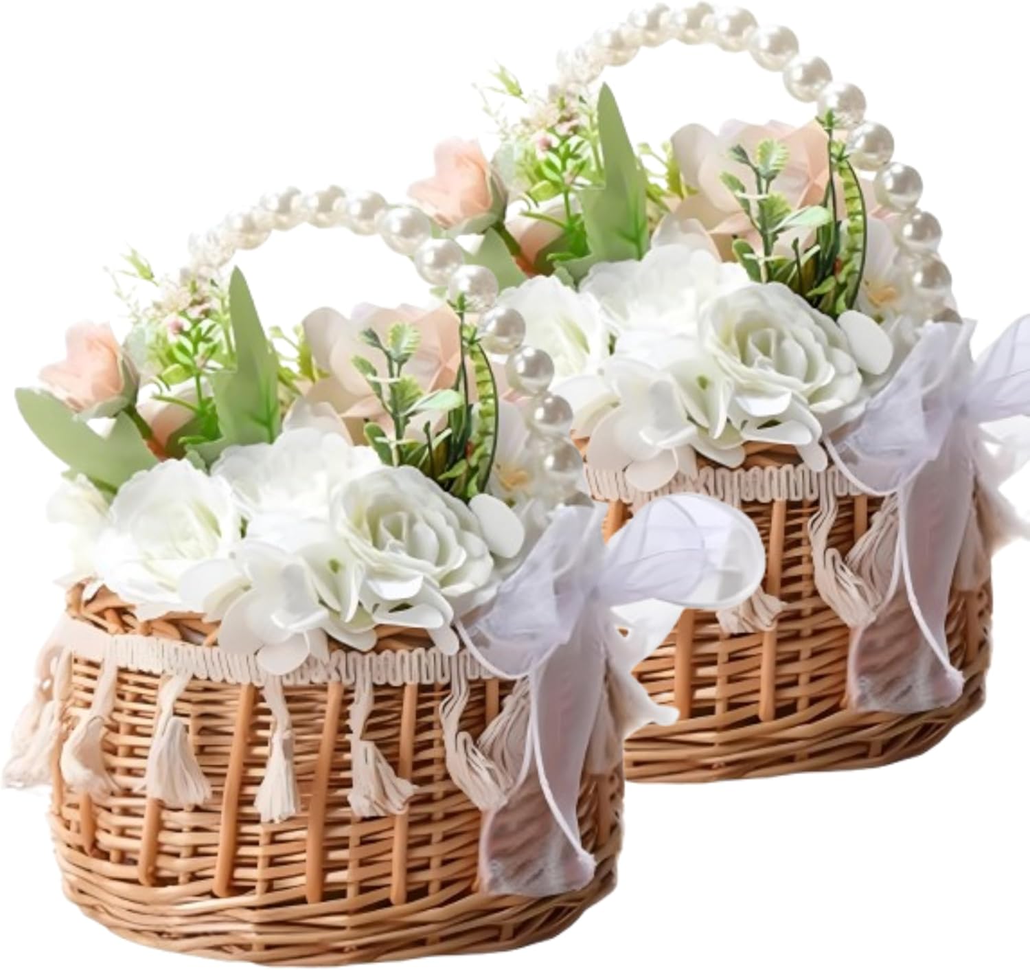 2PCS Wicker Rattan Flower Girl Baskets with Pearl Handle Tassels