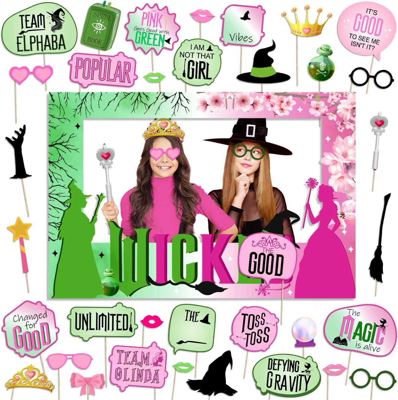 Pink Green and Black Witch Party Photo Booth Props Kit