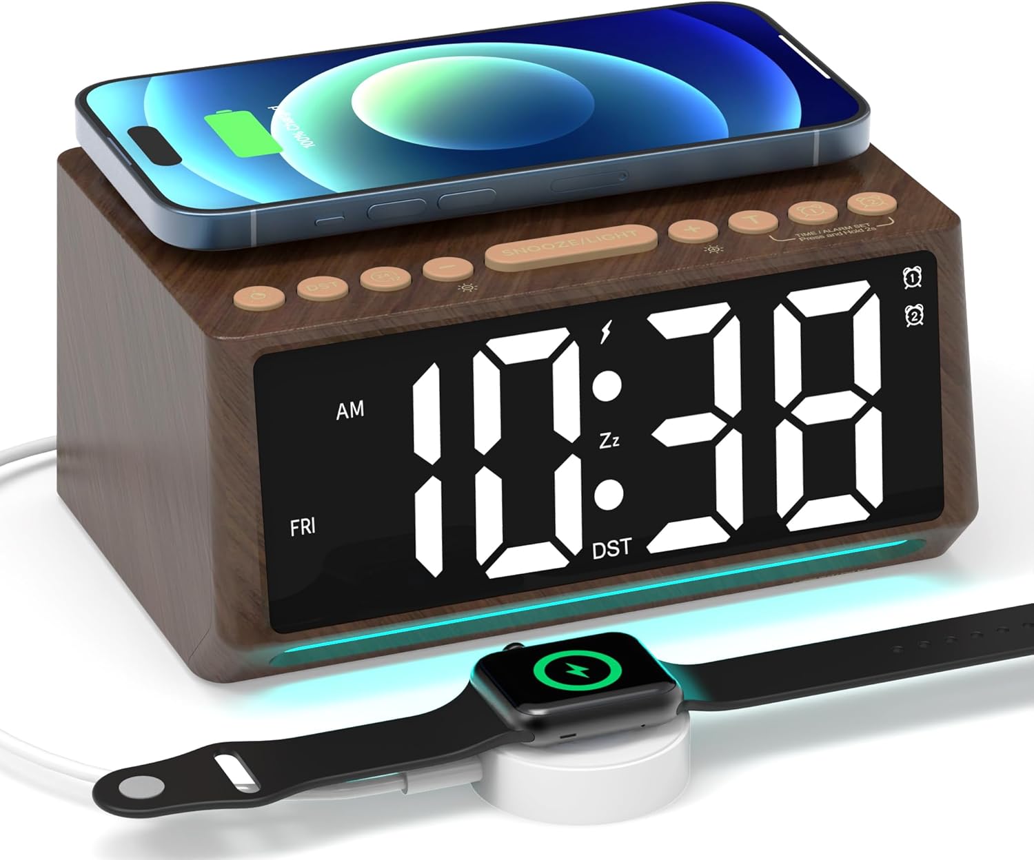 Te-Rich Retro Digital Alarm Clock with Mood Lights and Wireless Charging