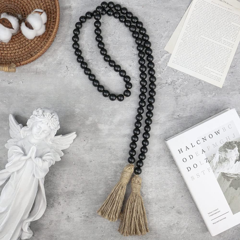58in Wood Bead Garland with Tassels - Rustic Farmhouse Decor