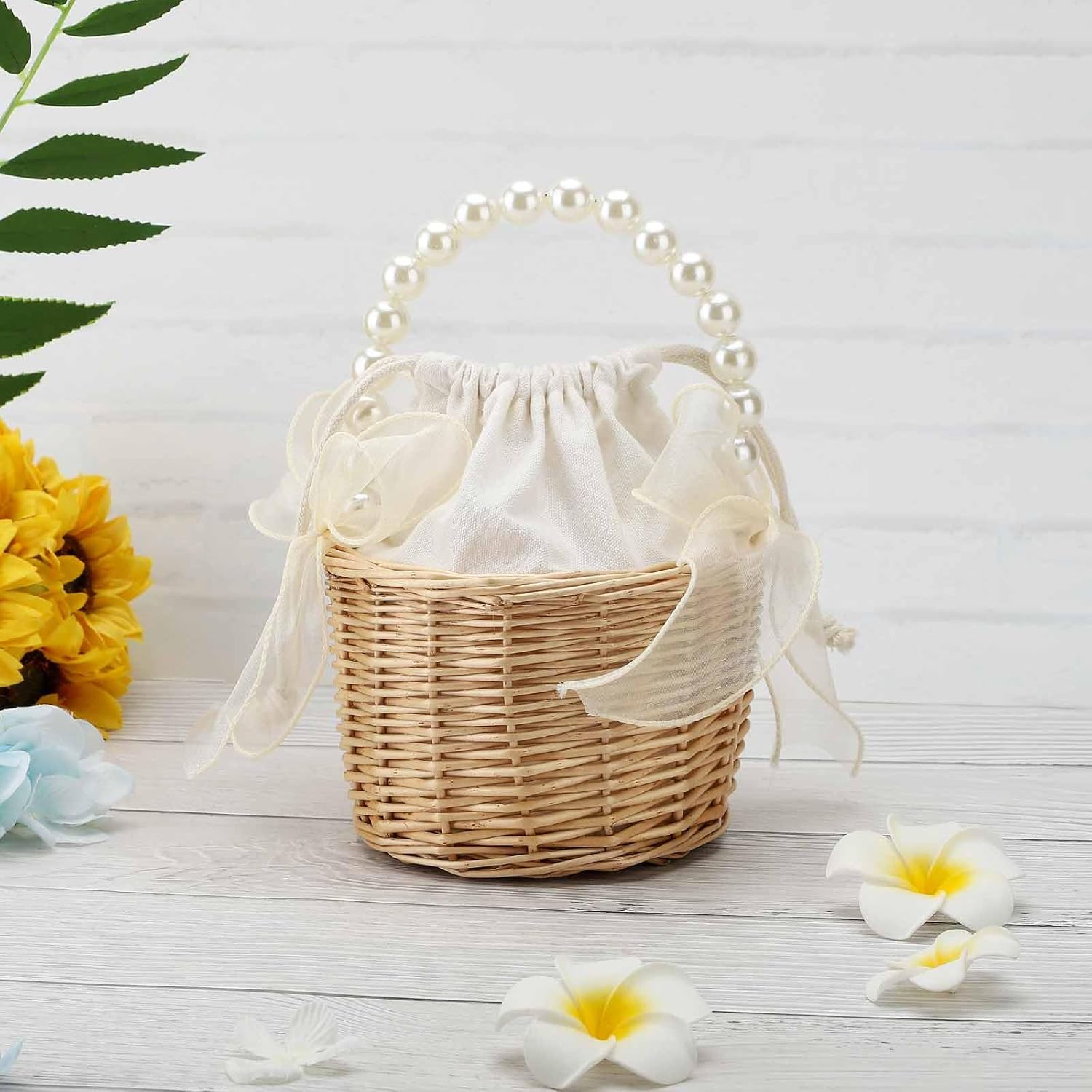 Classic Pearl Woven Hand Basket for Wedding Ceremony