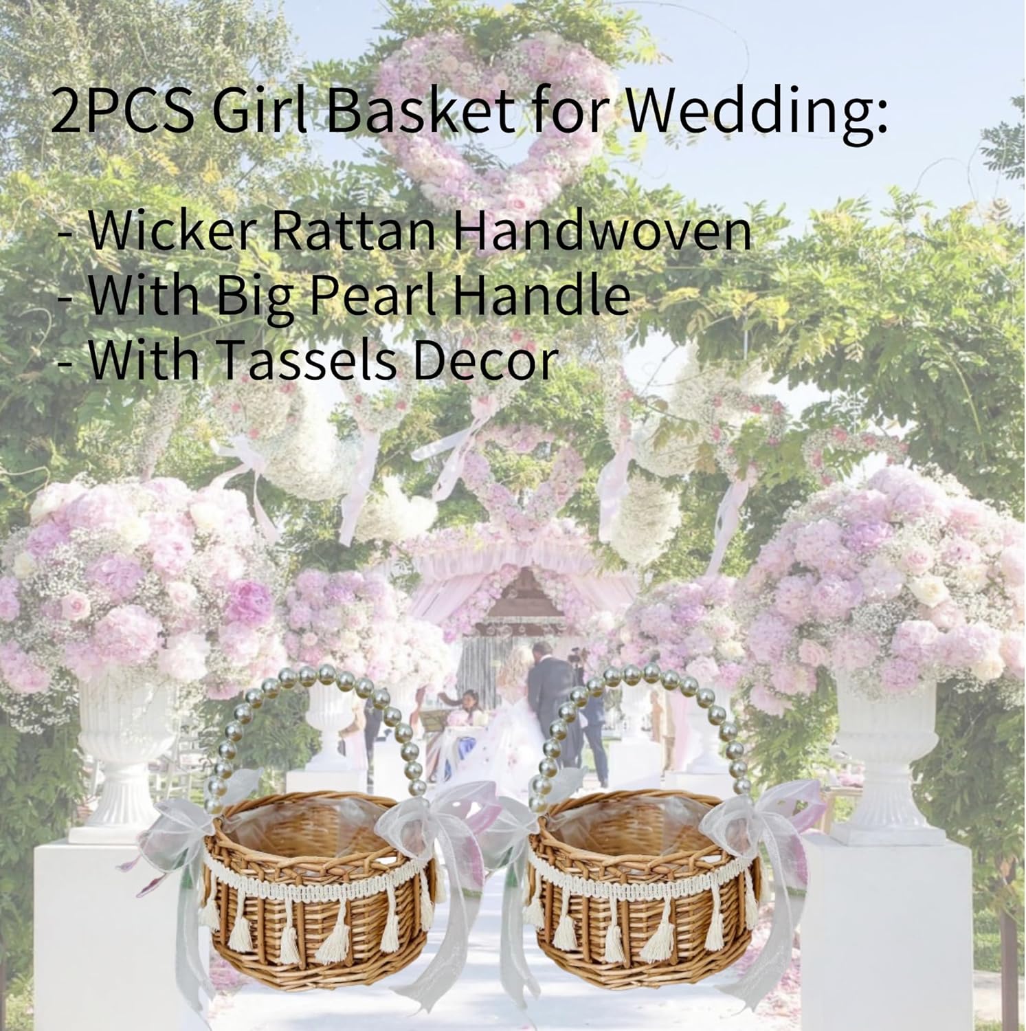2PCS Wicker Rattan Flower Girl Baskets with Pearl Handle Tassels