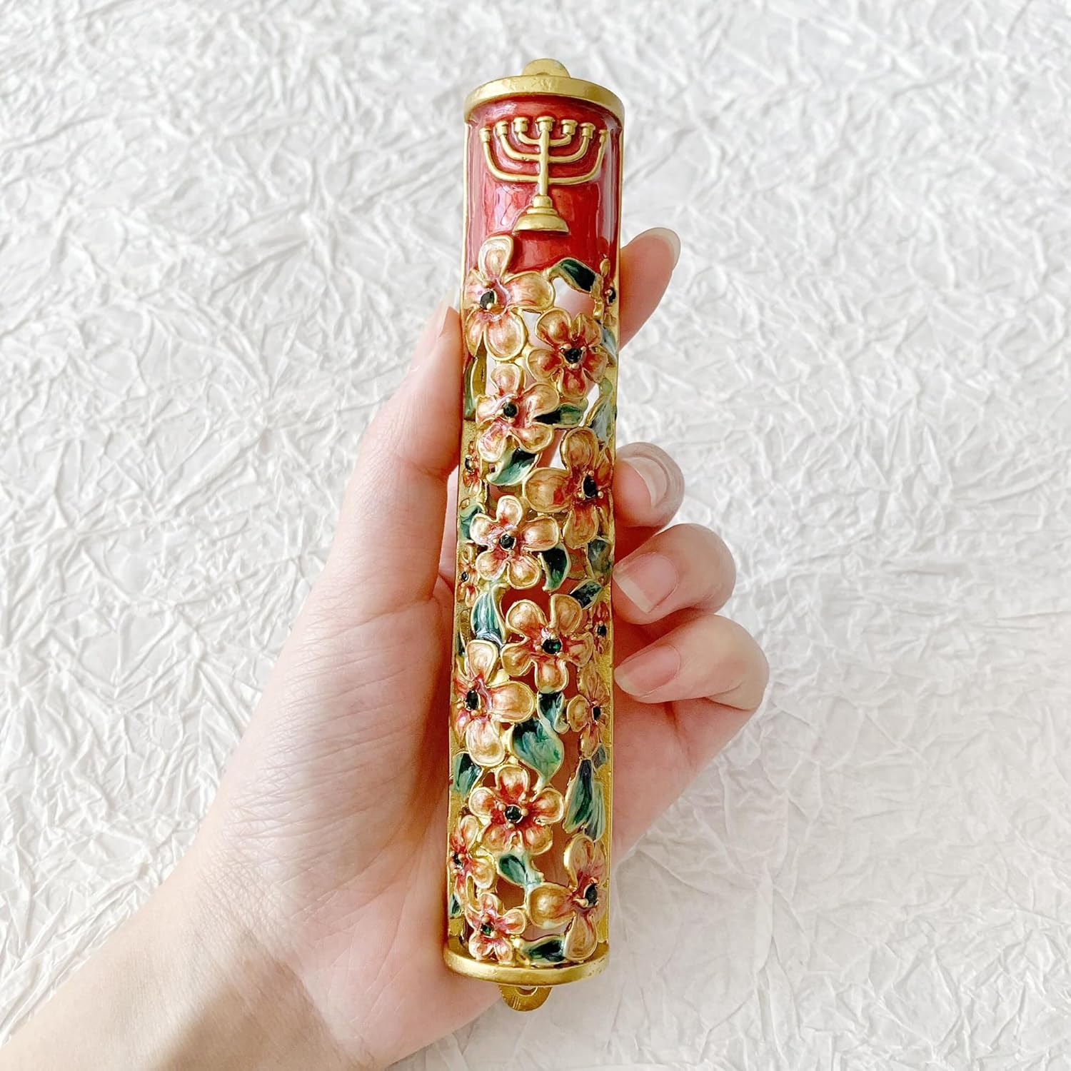 Hand Painted Mezuzah with Menorah and Pomegranate Motifs