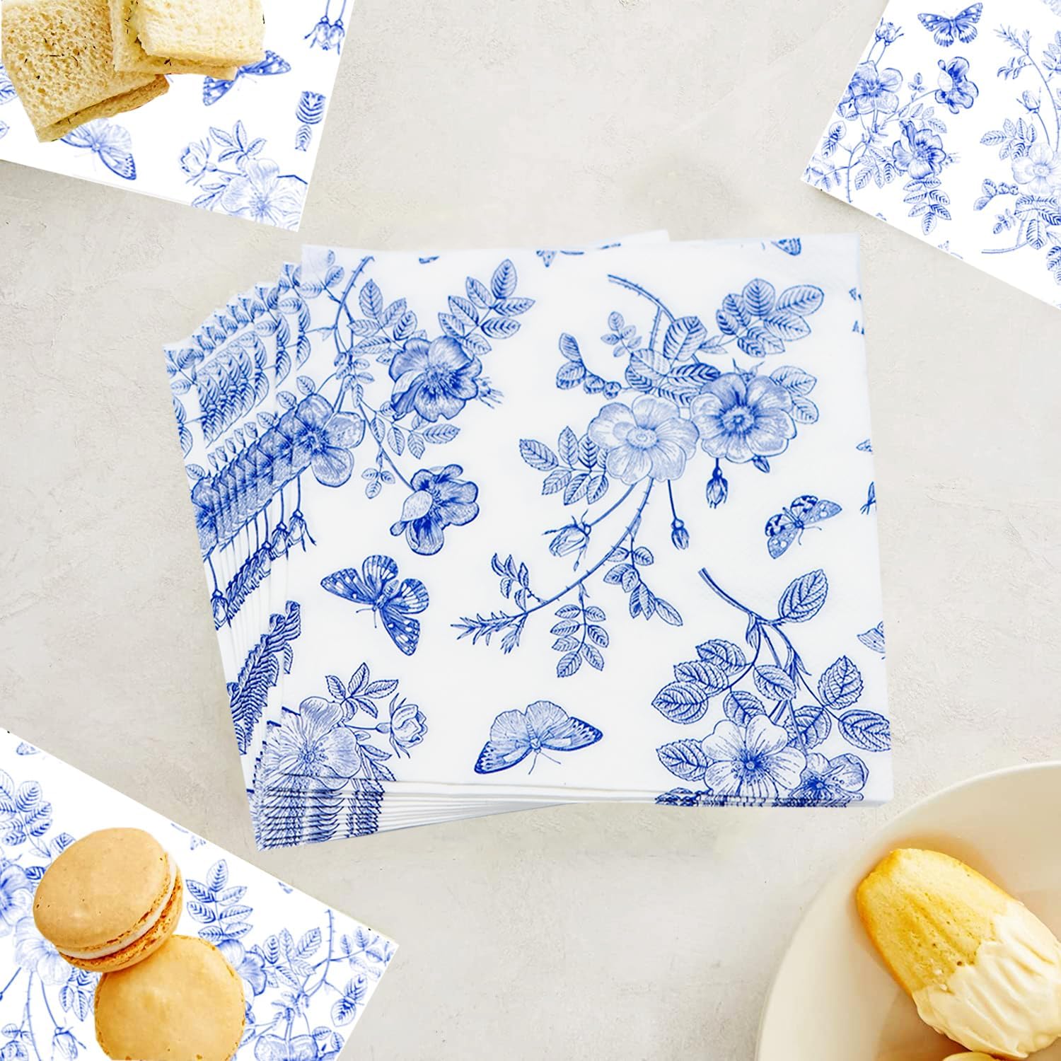 40 Pack Blue White Floral Luncheon Napkins
