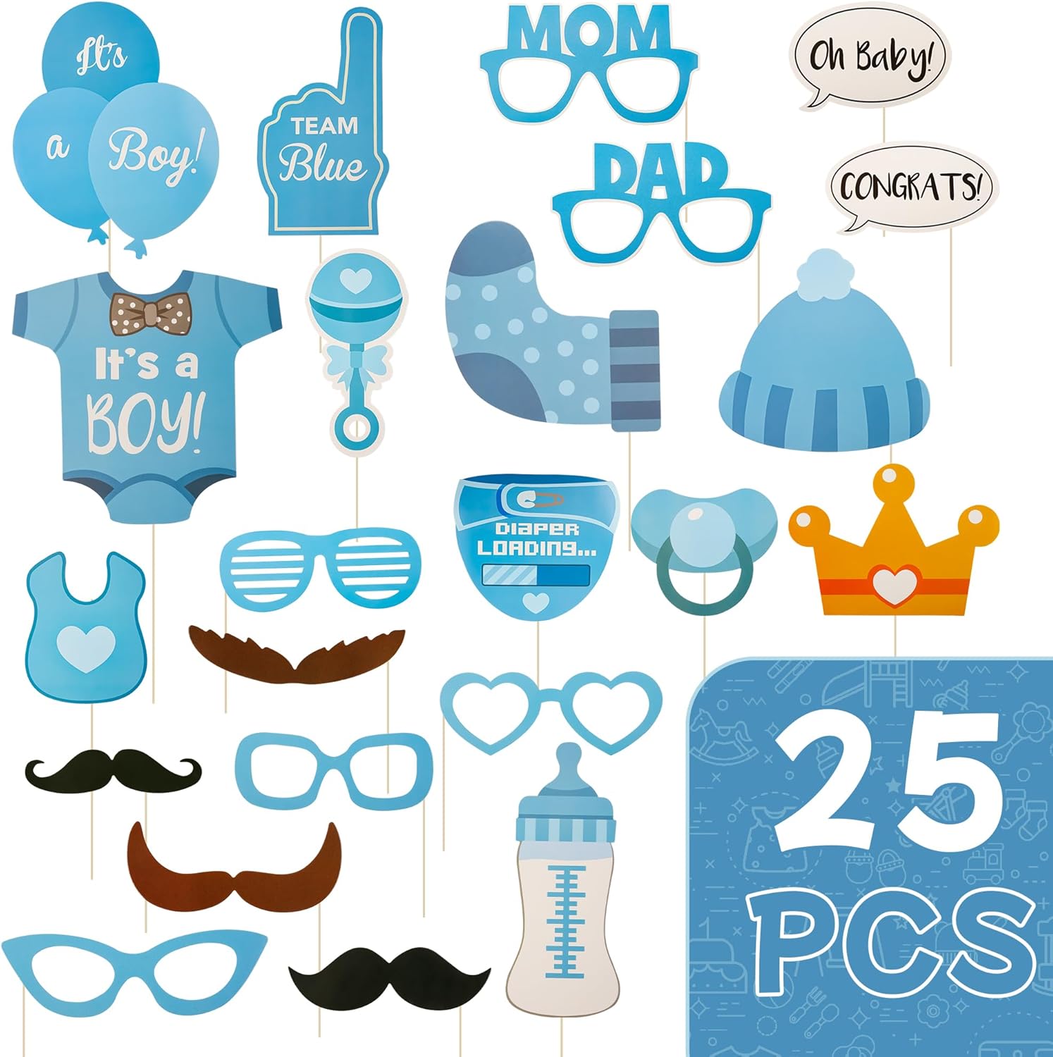 LASLU Its A Boy Photo Booth Props Kit on Sticks Set of 25pcs