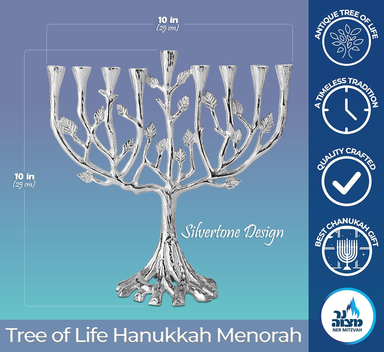 Ner Mitzvah Tree of Life Hanukkah Menorah - Silver Tone Design