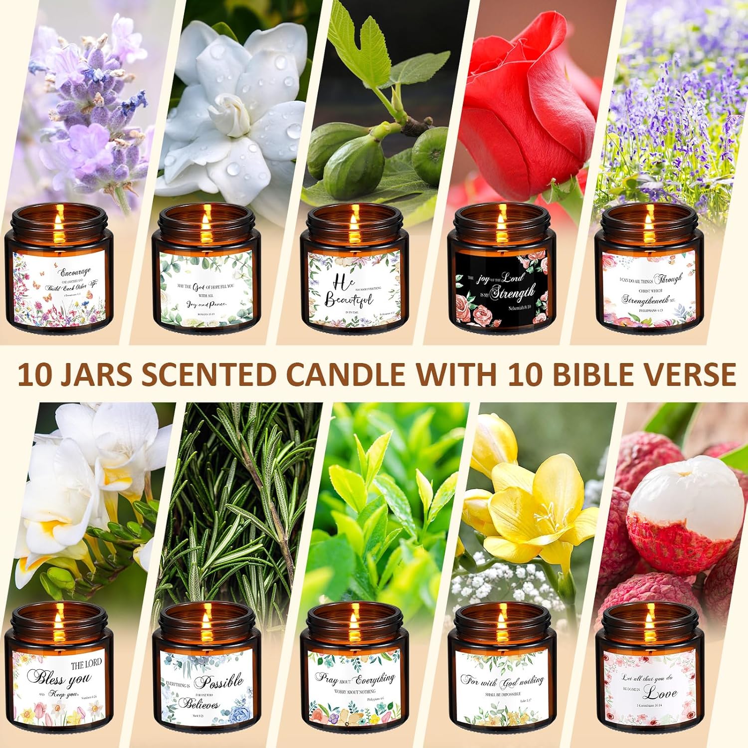 MTLEE 10 Jar Christian Scented Candles Stress Relief Aromatherapy Gifts