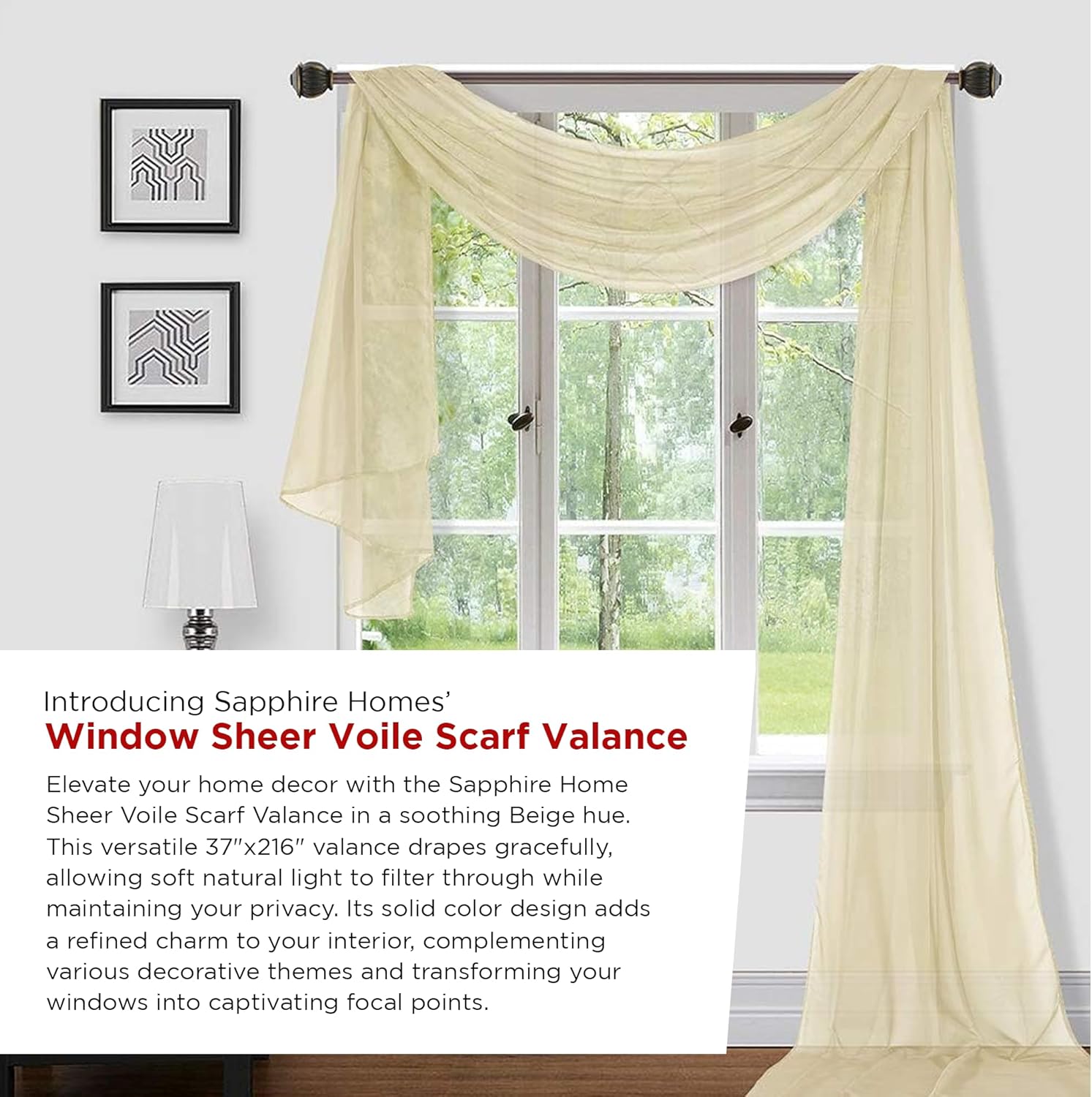 Sapphire Home Window Scarf Valance Curtains - Taupe 54 x 216 1 pc