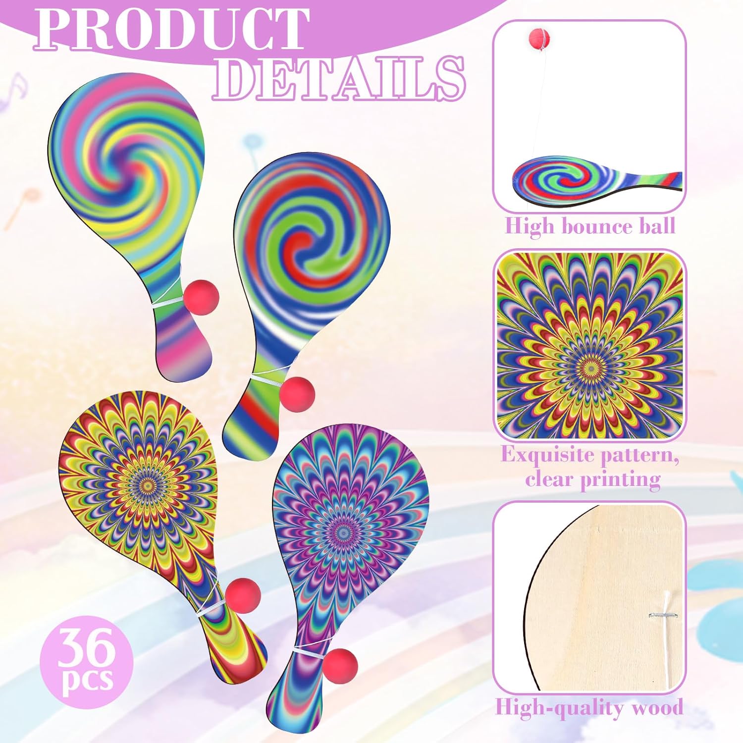 VioraWhite 36 Pcs Psychedelic Paddle Ball Set