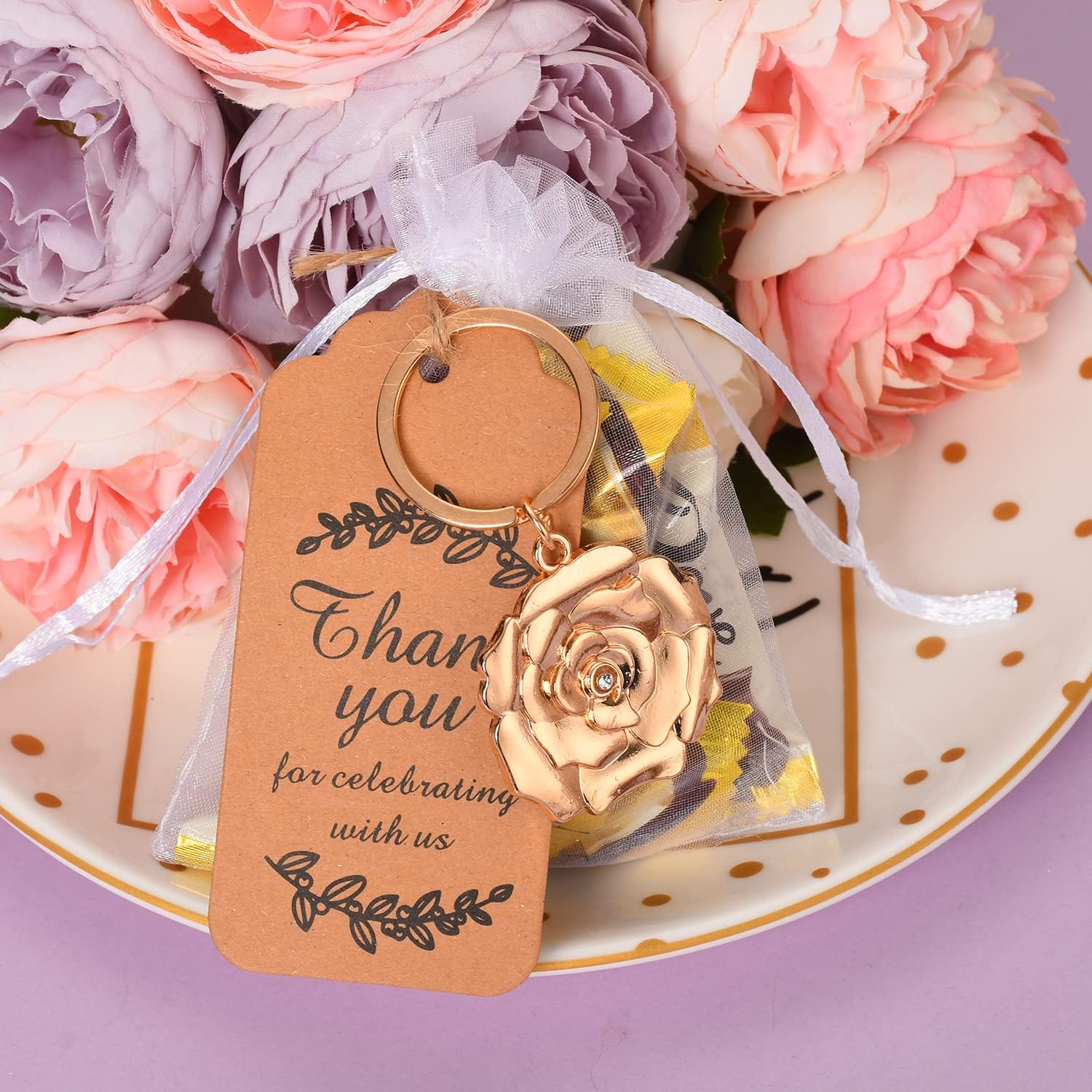 24 Gold Rose Keychains for Wedding Party Favors
