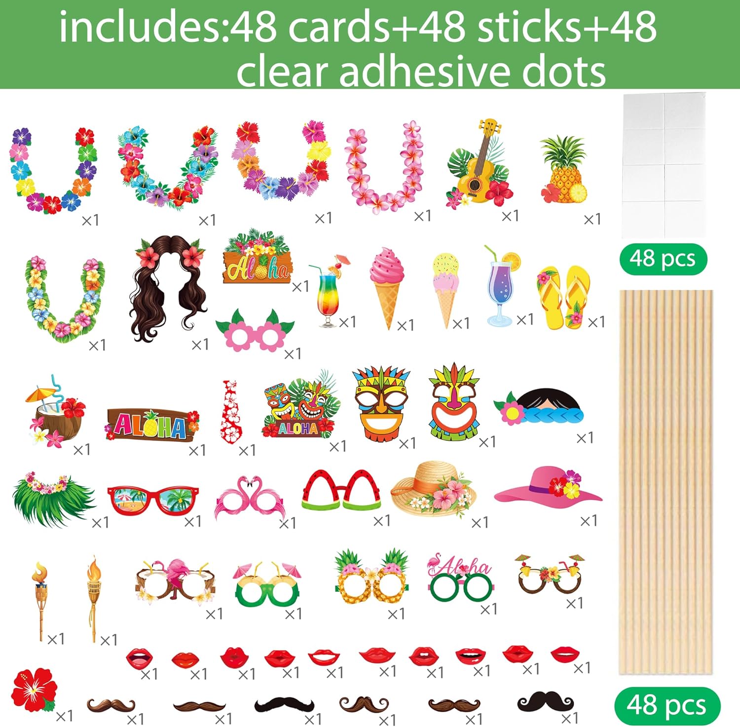 48PCS Hawaiian Tiki Photo Booth Props Set