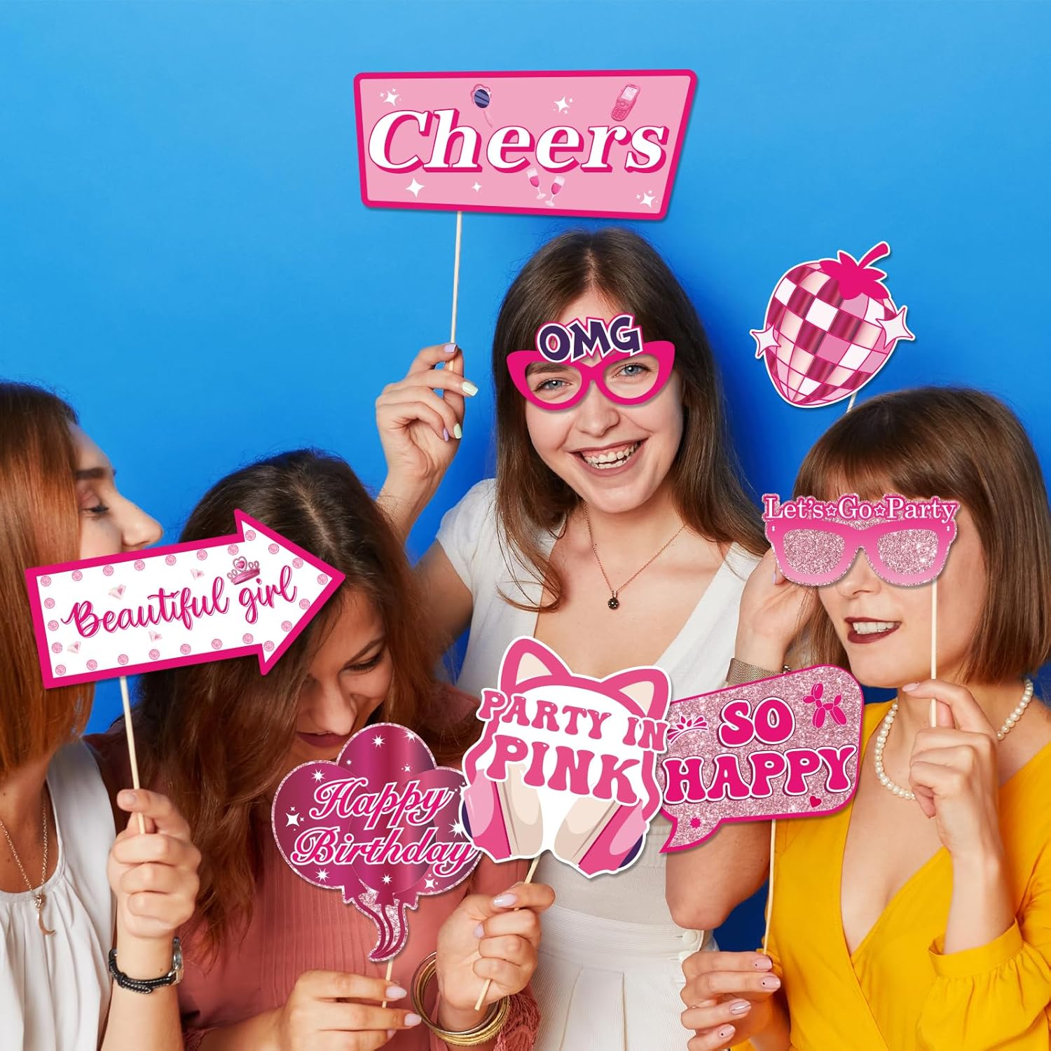 30Pcs Pink Girl Birthday Photo Booth Props with Sticks