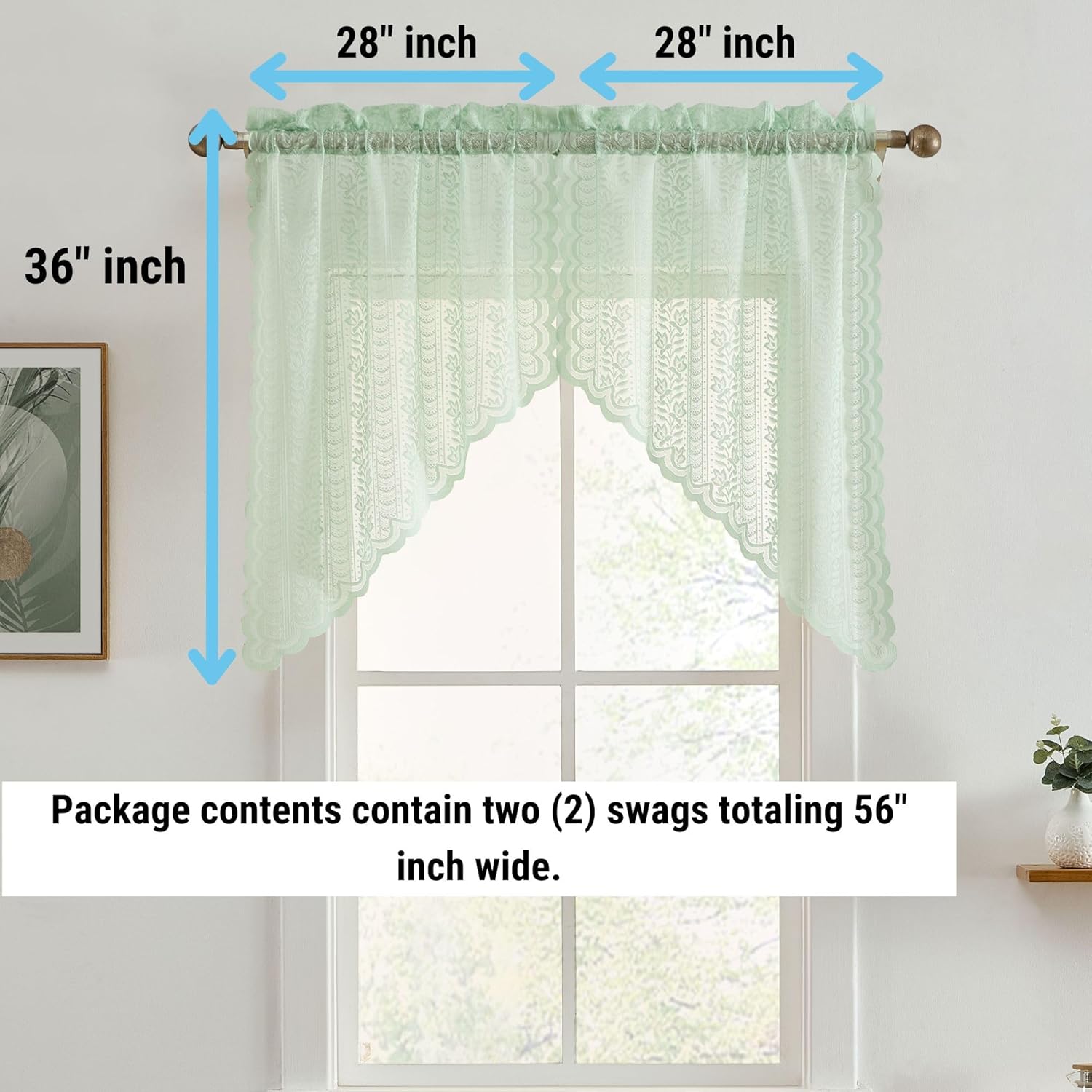 HLC ME Sophia Floral Valance 28x36 Inch Seafoam Green Set of 2