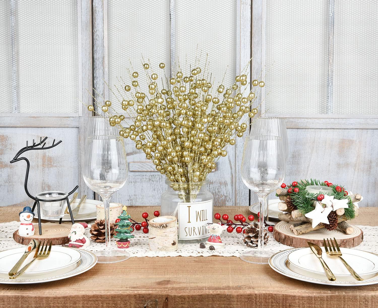 DearHouse 10 Pack Gold Christmas Berry Stems for Decor