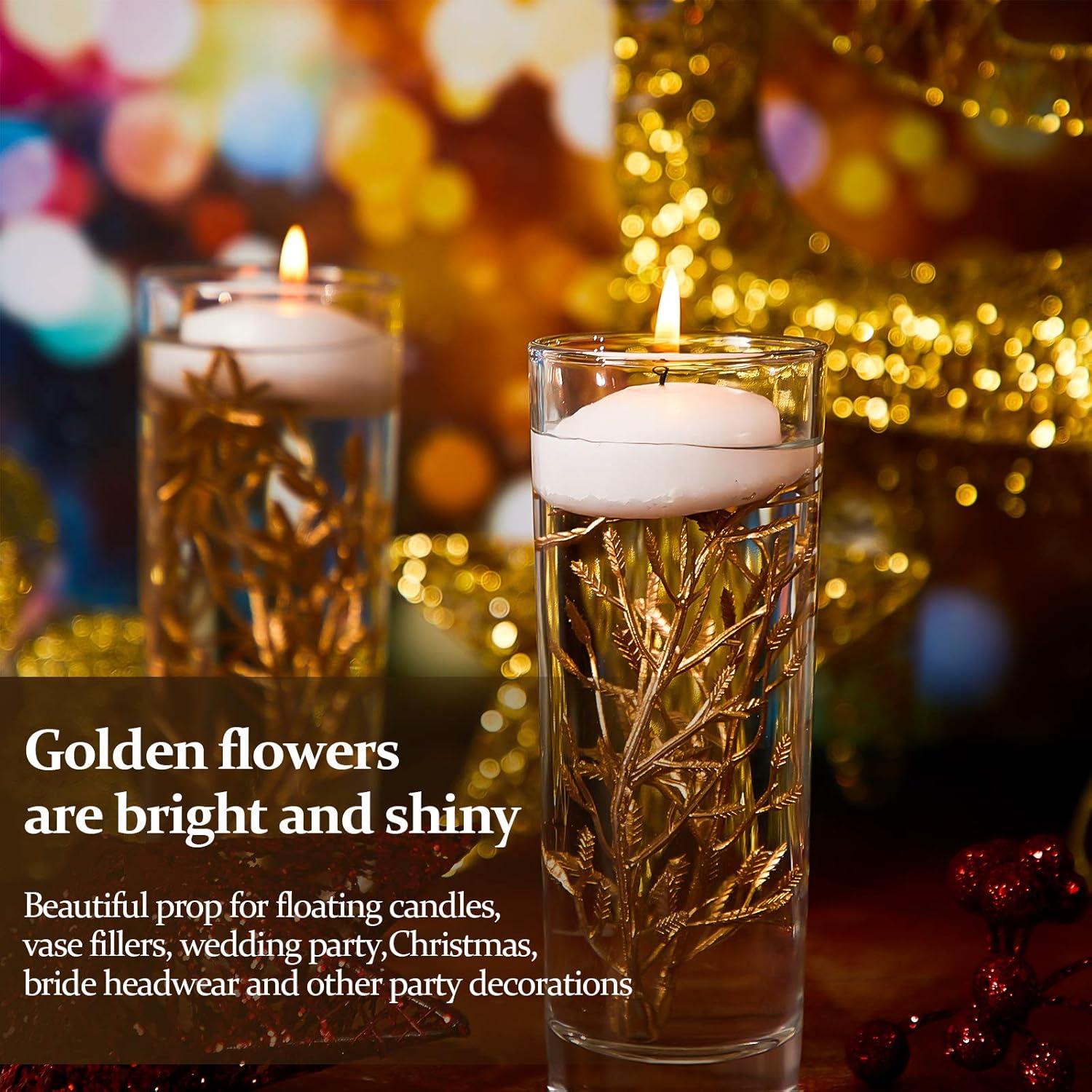 50 Pieces Gold Faux Flowers for Floating Candles and Centerpieces