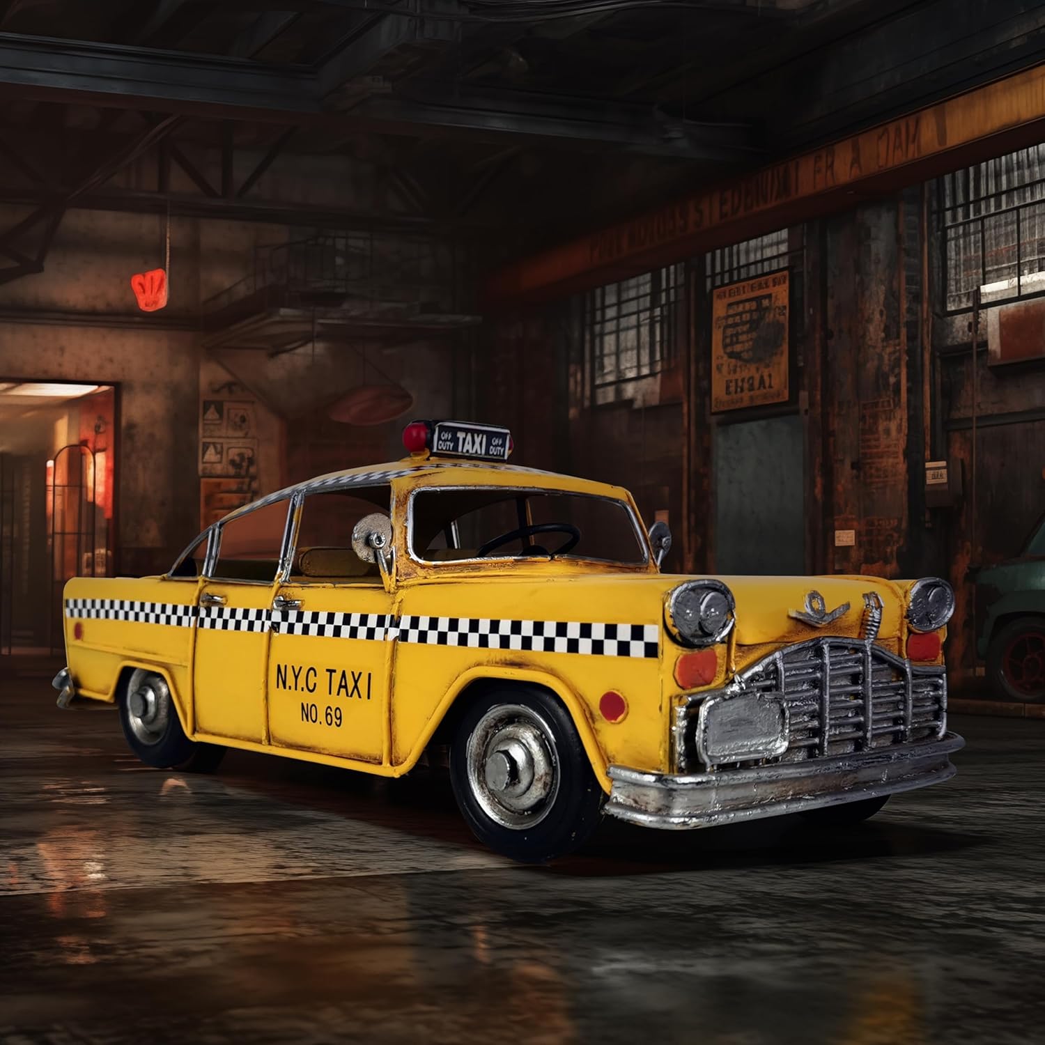 Retro Handmade Yellow NYC Taxi Cab Model 11 Inch Collectible