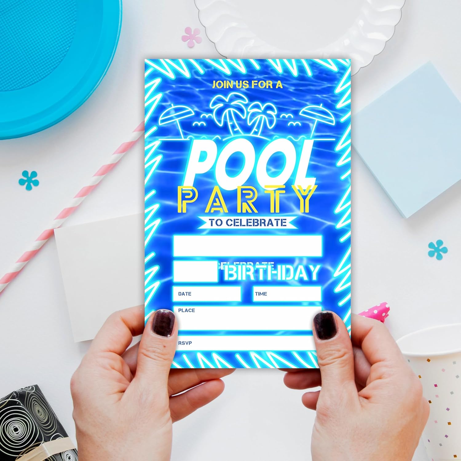 Pool Party Birthday Invitations With Envelopes - Neon Glow Blue Palm Tree Design