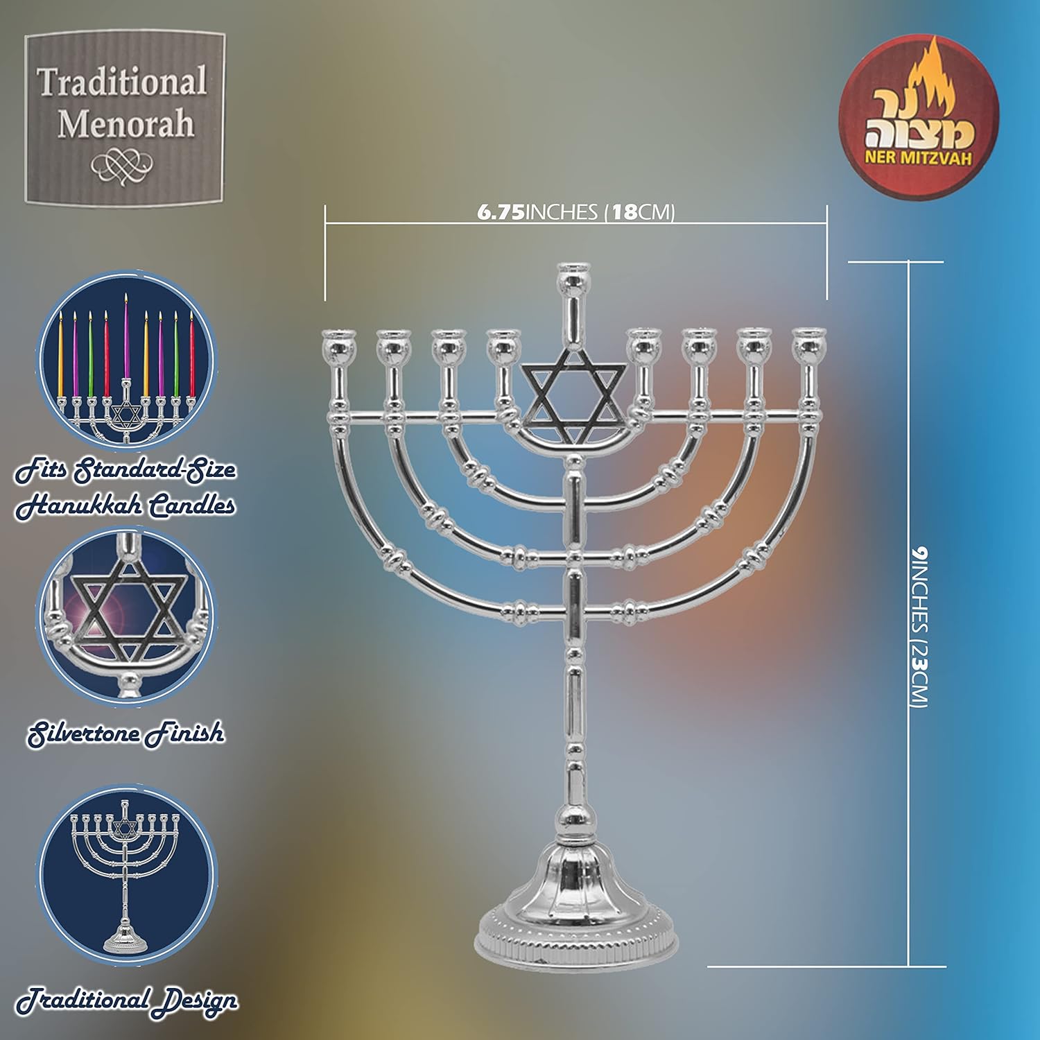 Ner Mitzvah Silvertone Candle Menorah for Chanukah