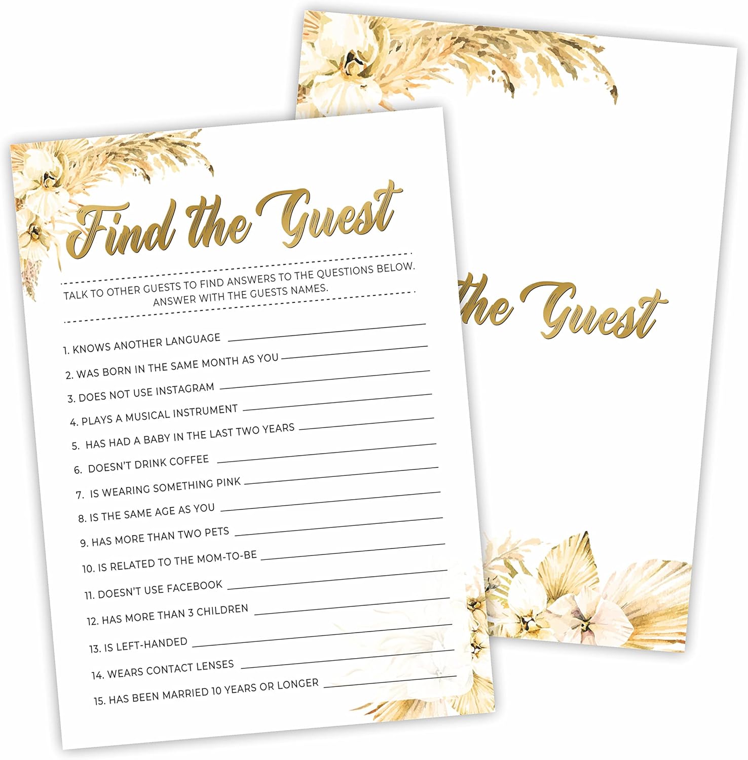 Boho Pampas Grass Baby Shower Game Cards