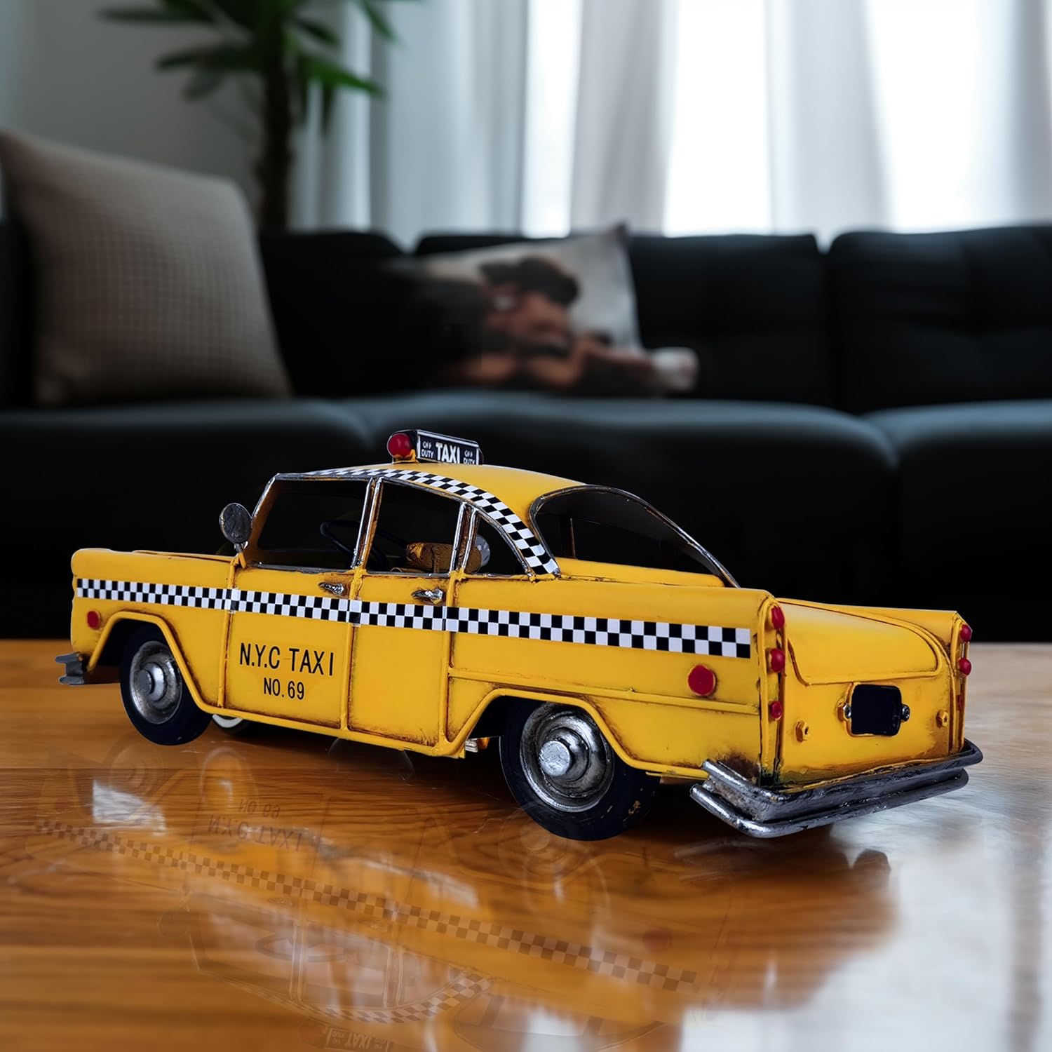 Retro Handmade Yellow NYC Taxi Cab Model 11 Inch Collectible