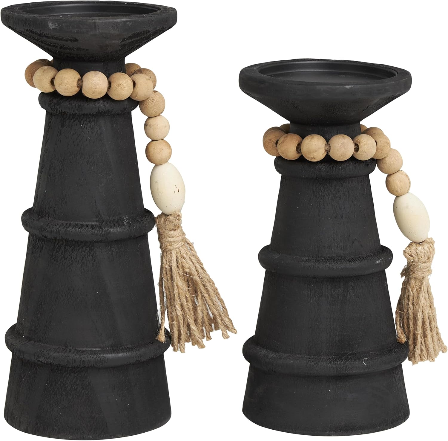 Deco 79 Black Matte Wood Candle Holder Set of 2