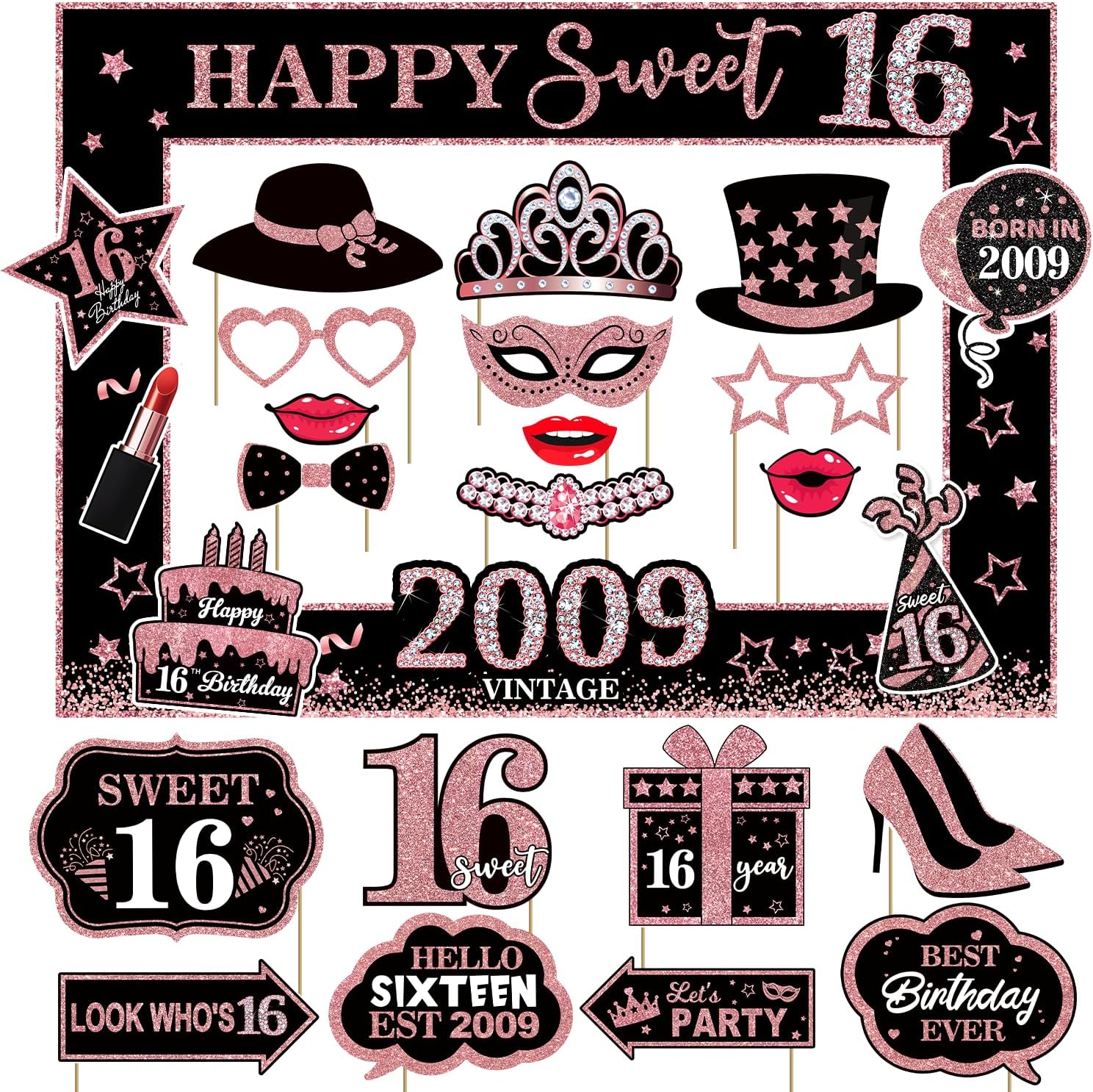 Sweet 16 Photo Booth Props Set for Girls