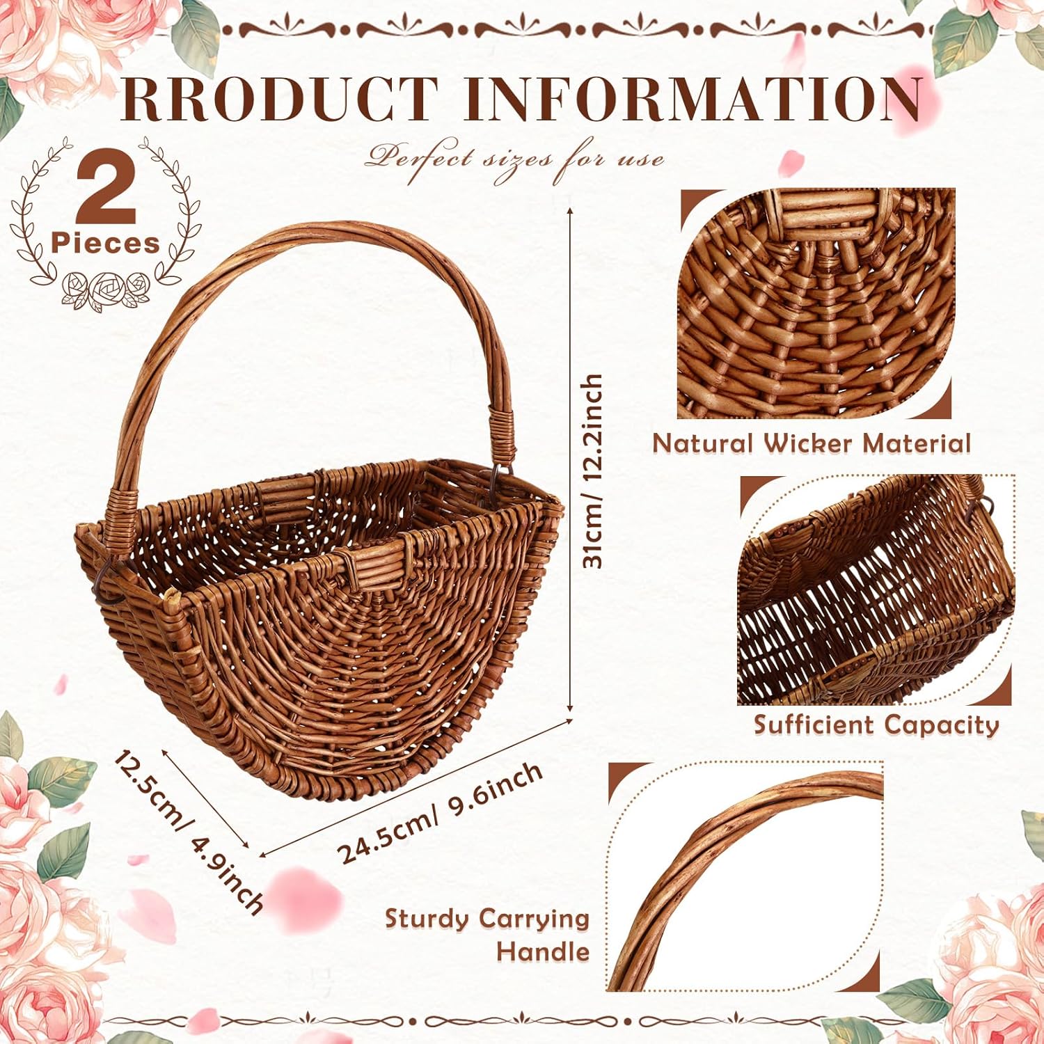 2 Pcs Dark Wicker Flower Girl Baskets with Handles